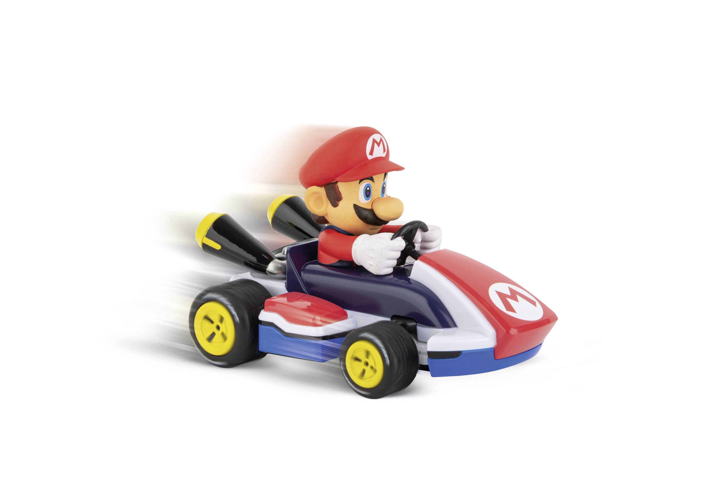 Ein Cartoon-Charakter in rotem Outfit fährt ein blau-rot-weißes Kart mit gelben Rädern schnell nach rechts.