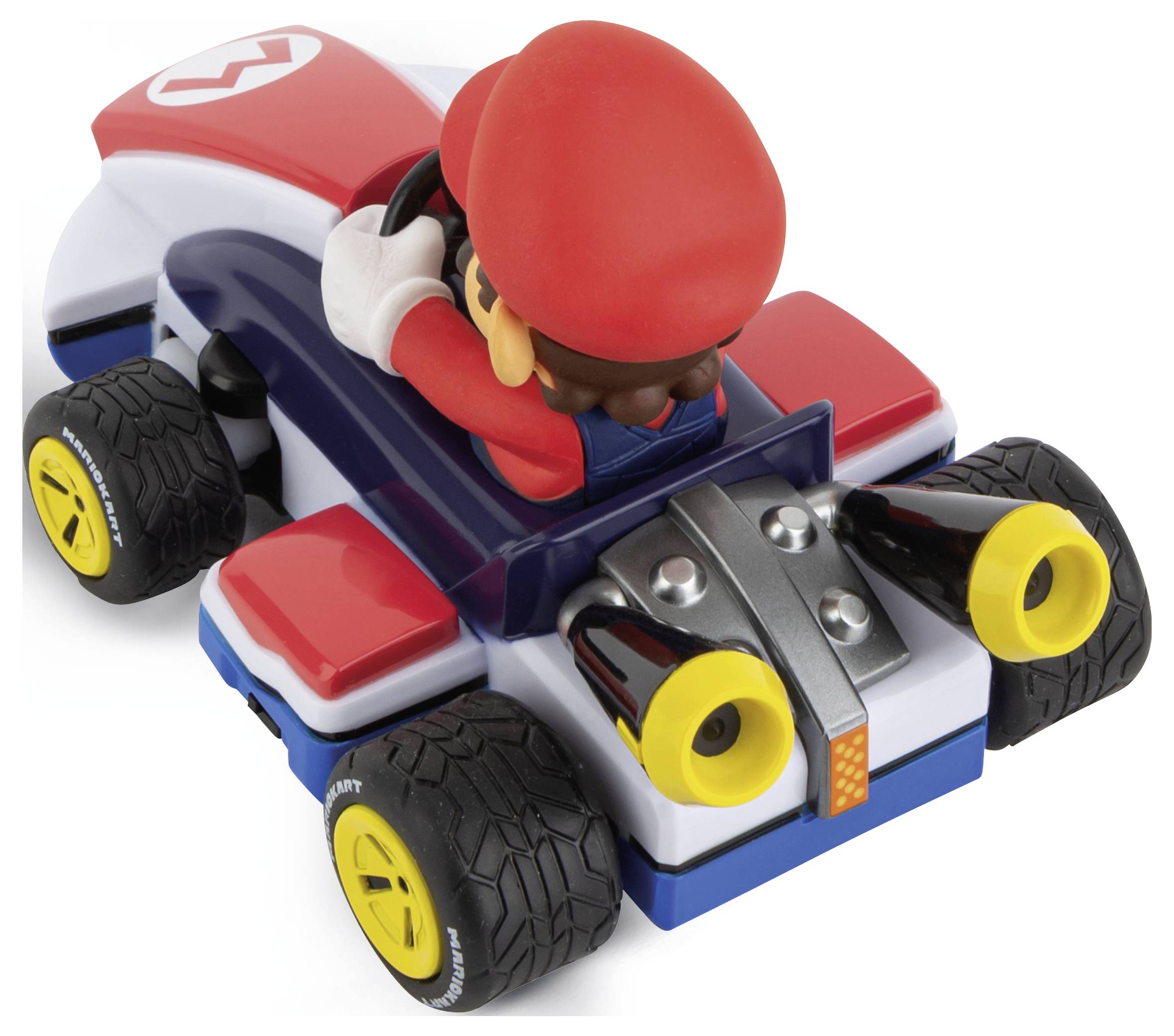 Eine Spielfigur fährt in einem Spielzeug-Rennwagen. Der Wagen hat rote, blaue und weiße Farben mit einem Symbol auf dem Spoiler.