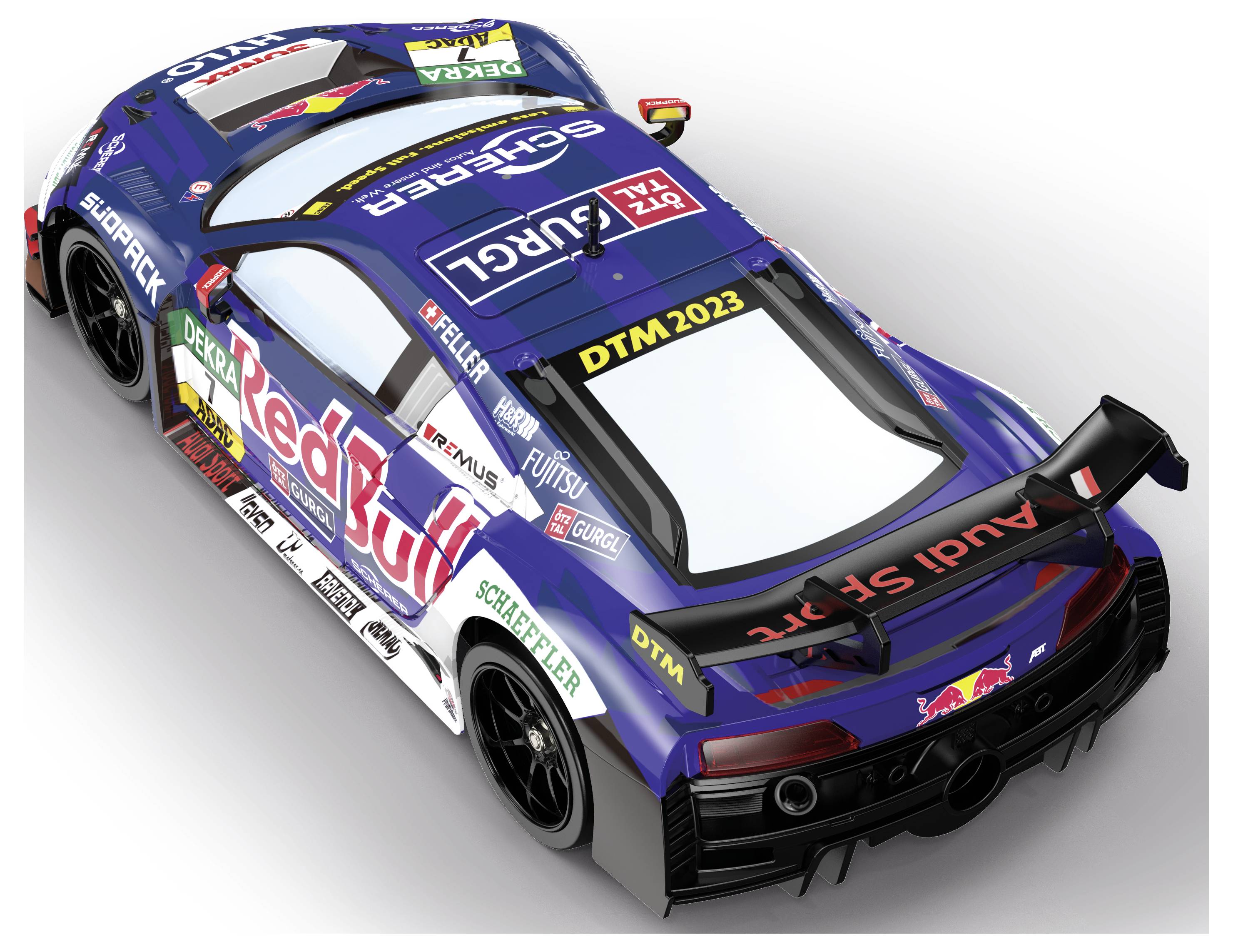 Ein blauer Rennwagen mit 'Red Bull'-Logo und DTM 2023-Aufschrift. Der Wagen ist mit weiteren Sponsorenlogos bedruckt und zeigt eine aerodynamische Form.