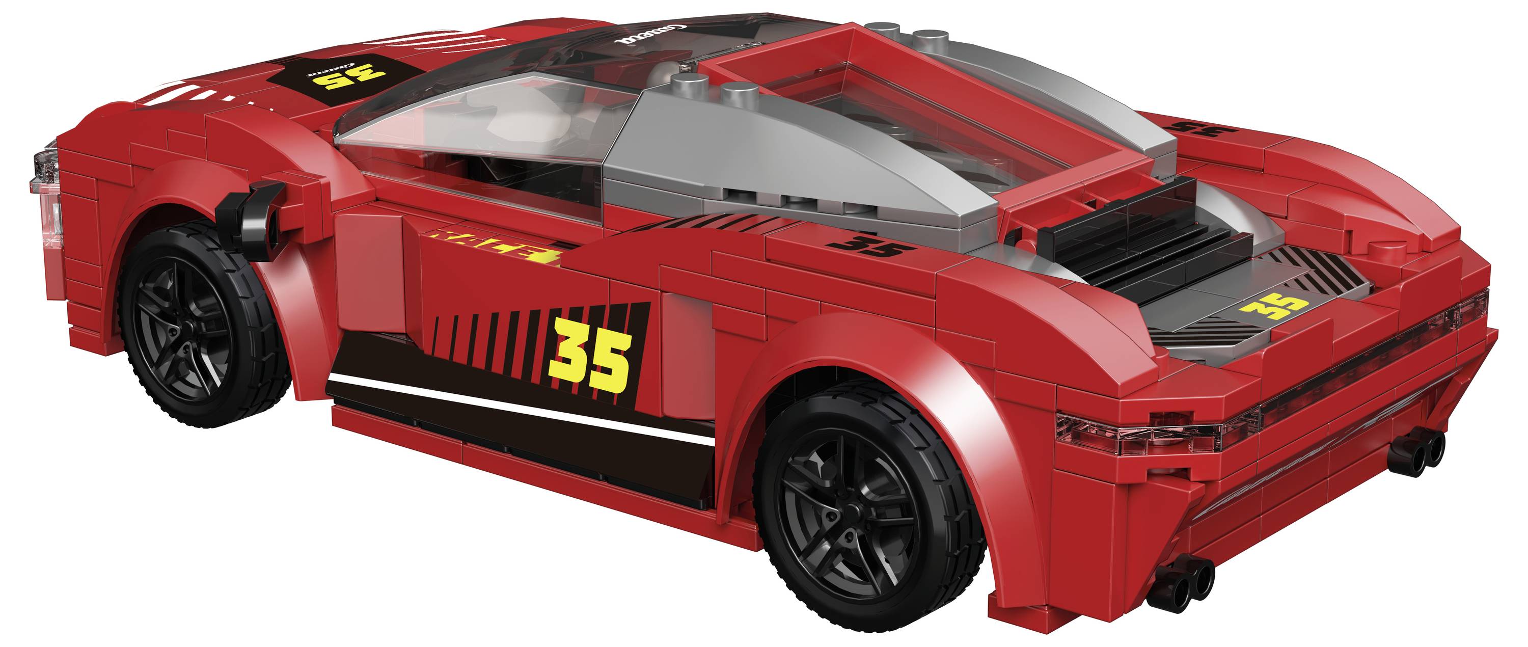 Ein rotes LEGO-Sportauto mit der Nummer '35' auf der Seite, aerodynamischem Design und schwarzen Rädern, dargestellt aus Sicht von hinten.