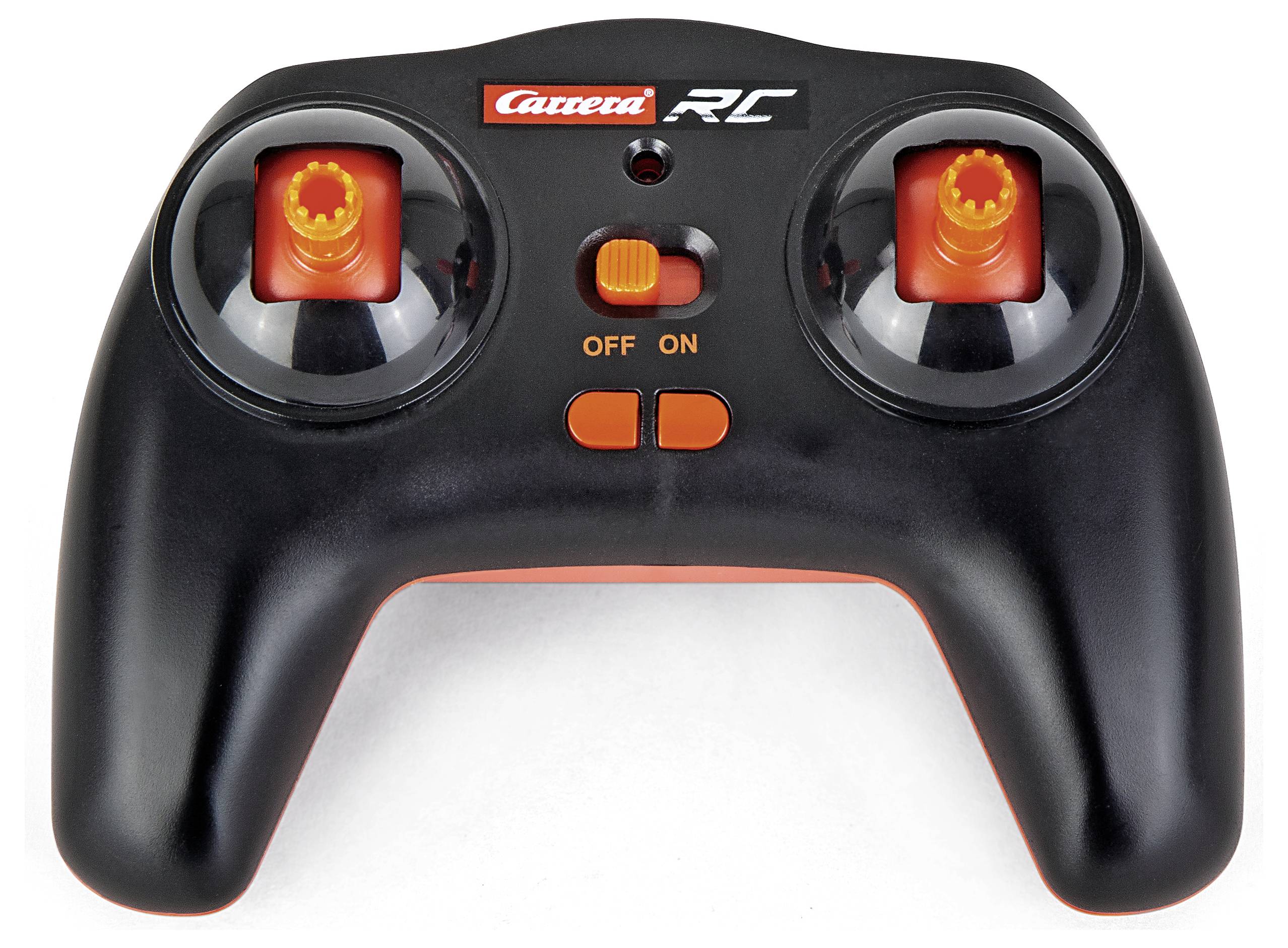 Schwarz-orange Fernsteuerung mit zwei Joysticks, Schalter in der Mitte auf 'ON' gestellt, beschriftet mit 'Carrera RC'.