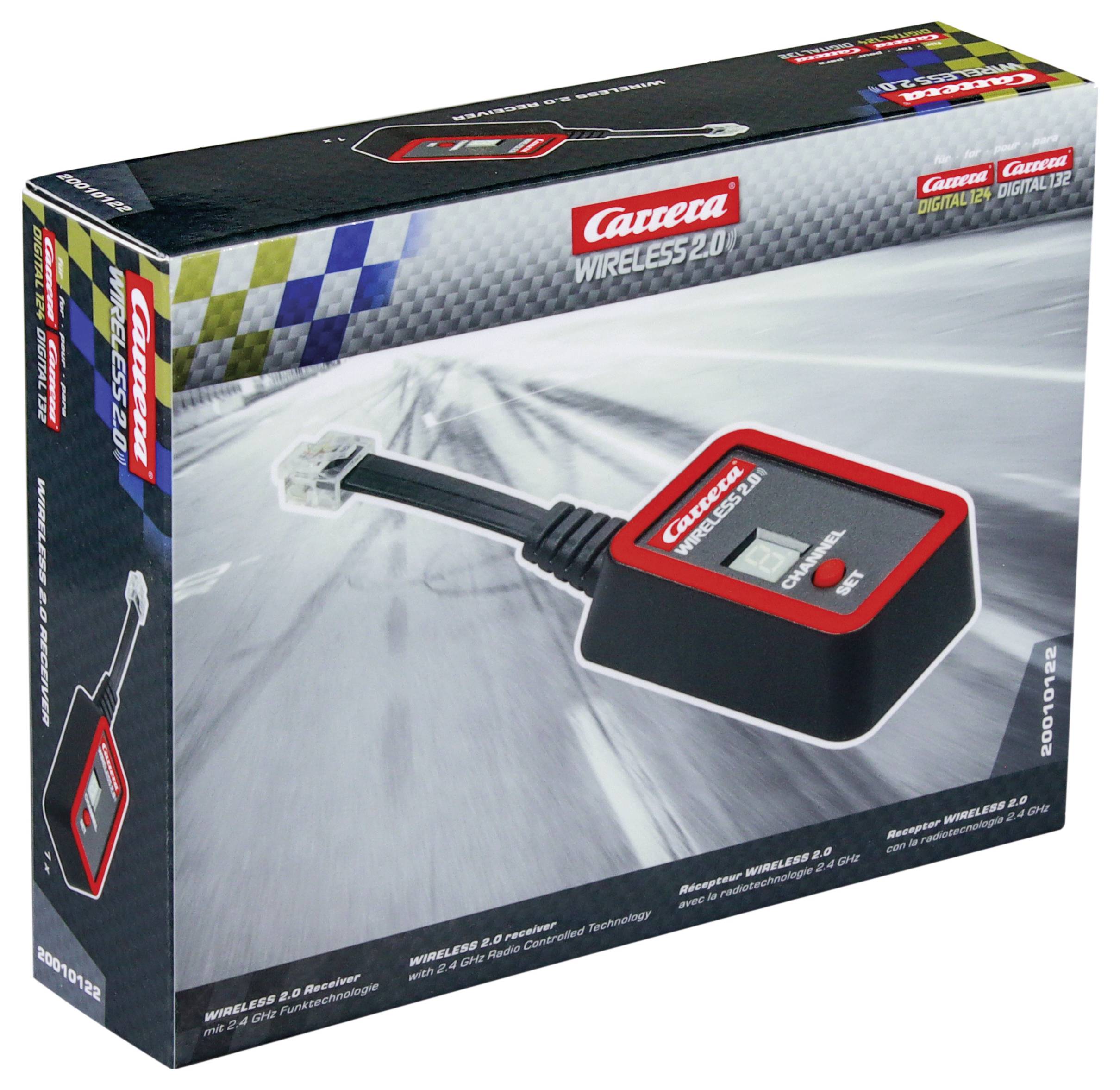 Verpackung eines Carrera Wireless 2.4 GHz Receivers, zeigt ein Bild des Geräts und das Carrera-Logo. Hauptfarbe ist Schwarz mit roten Details.