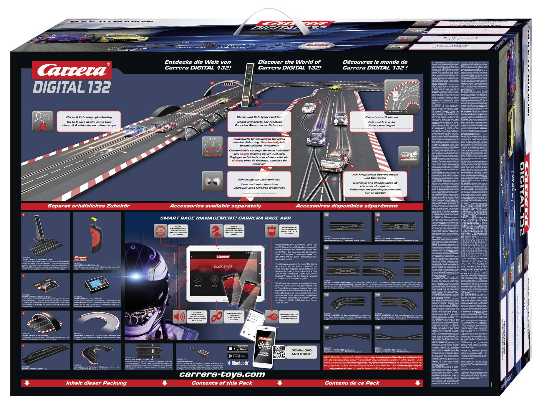 'Carrera DIGITAL 132' Verpackung zeigt eine Rennbahn mit Autos, Anleitung zum Aufbau und zusätzlichem Zubehör. Enthält Informationen über Smart Race App und Streckenteile.