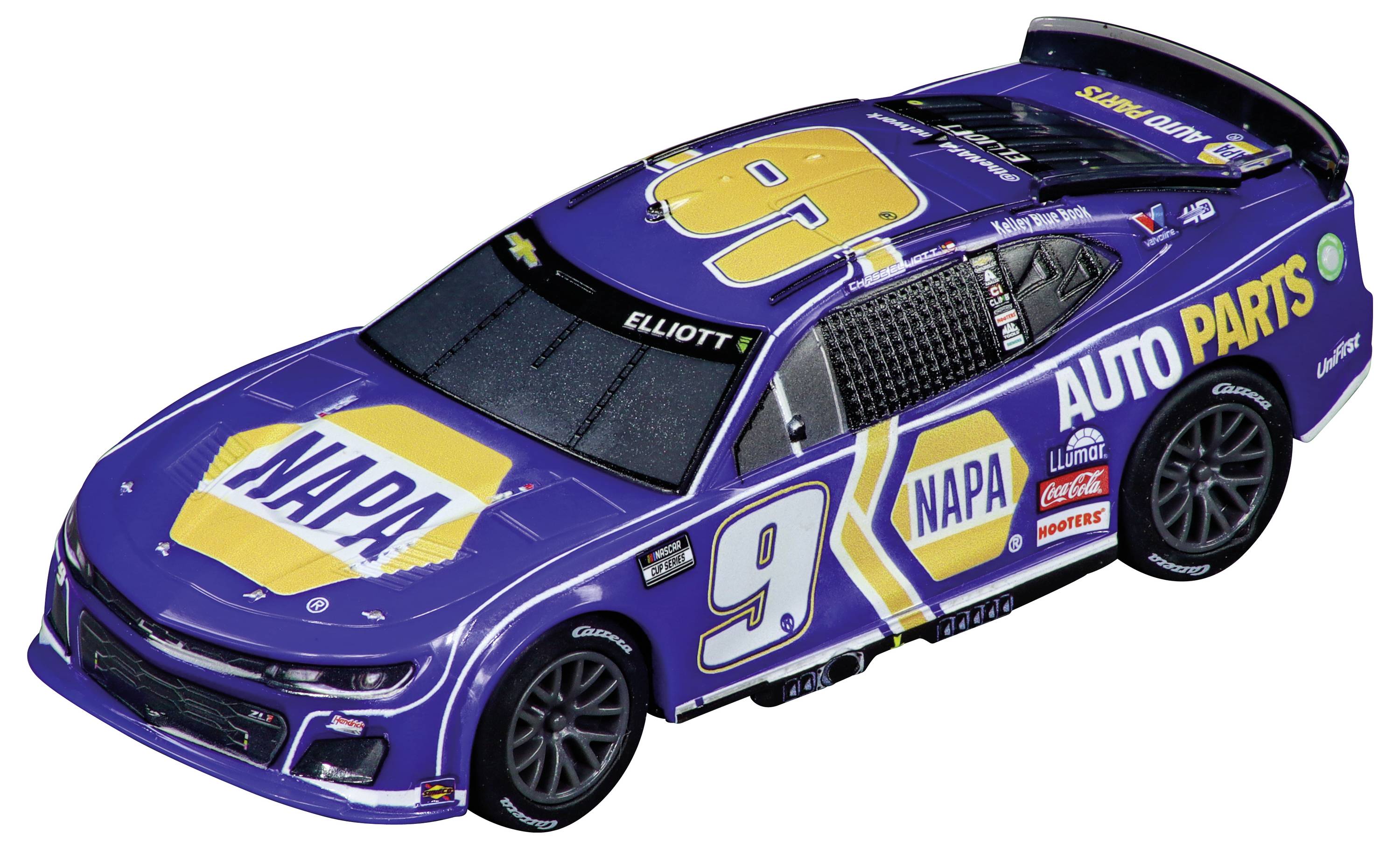 Spielzeugauto im NASCAR-Design mit lila Karosserie, gelbem Logo und der Nummer 9. Beschriftet mit 'NAPA AUTO PARTS'.
