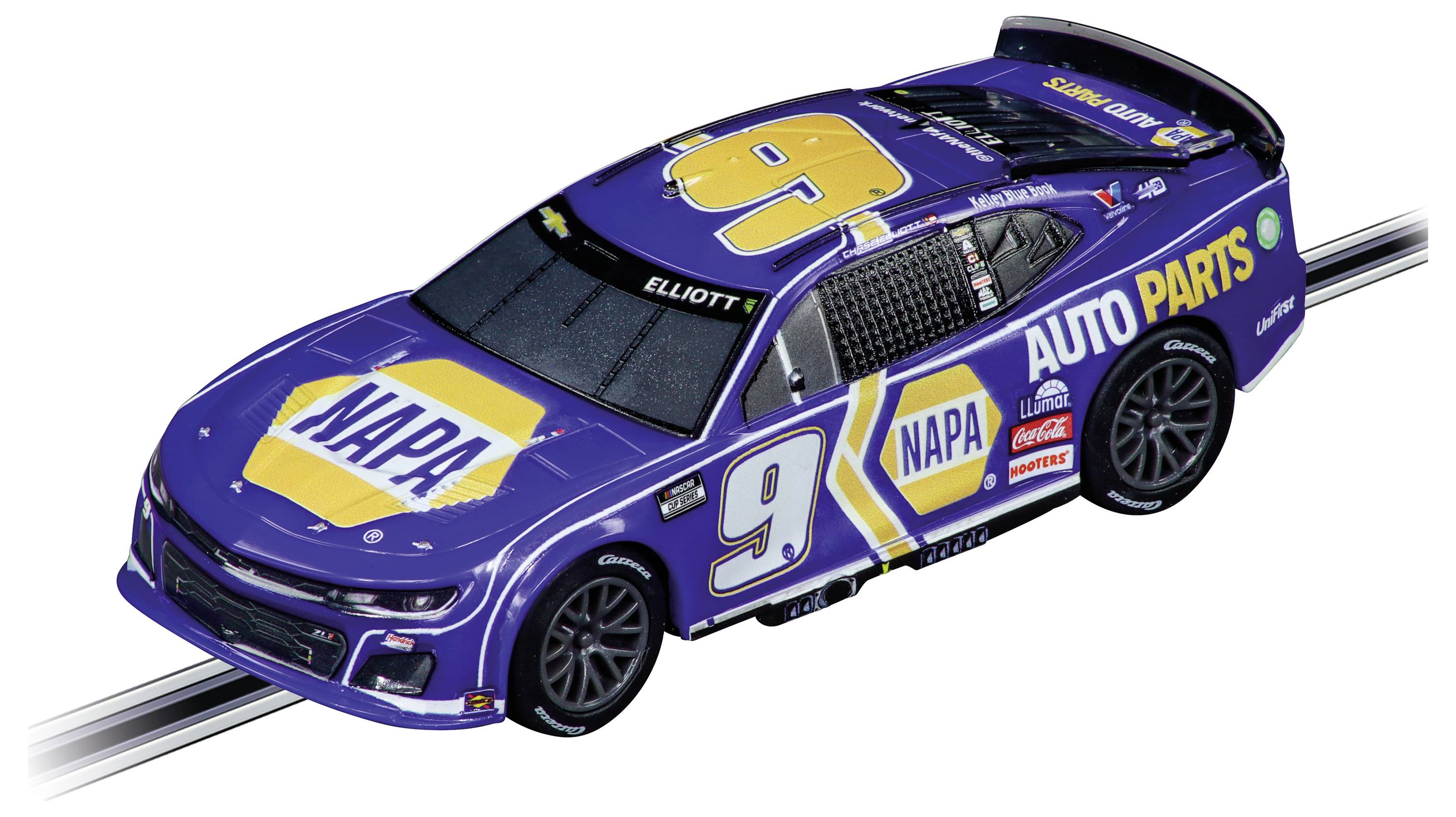 Spielzeugauto in lila mit gelber 'NAPA'-Werbung und der Nummer 9. Rennwagen-Design mit Sponsorenlogos auf Karosserie und Dach.