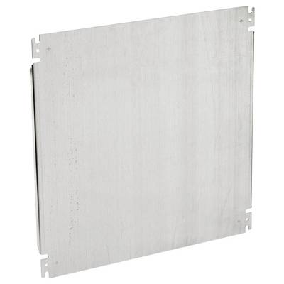 Ein rechteckiges silbernes Metallpanel mit minimalen Details, möglicherweise für industrielle oder technische Anwendungen geeignet.