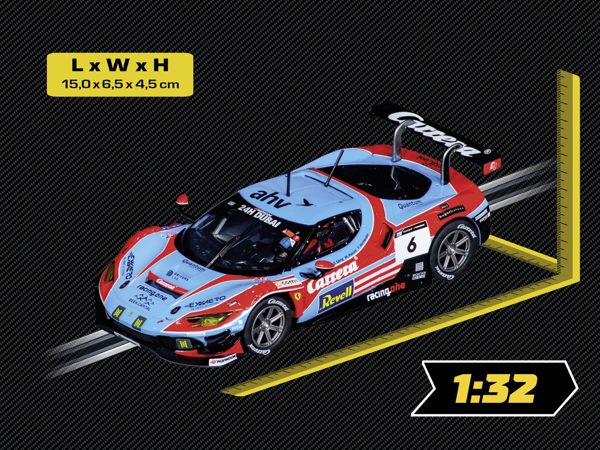 Modell eines Rennwagens im Maßstab 1:32 mit den Maßen 15,0 x 6,5 x 4,5 cm. Racing Design mit Sponsorenlogos.