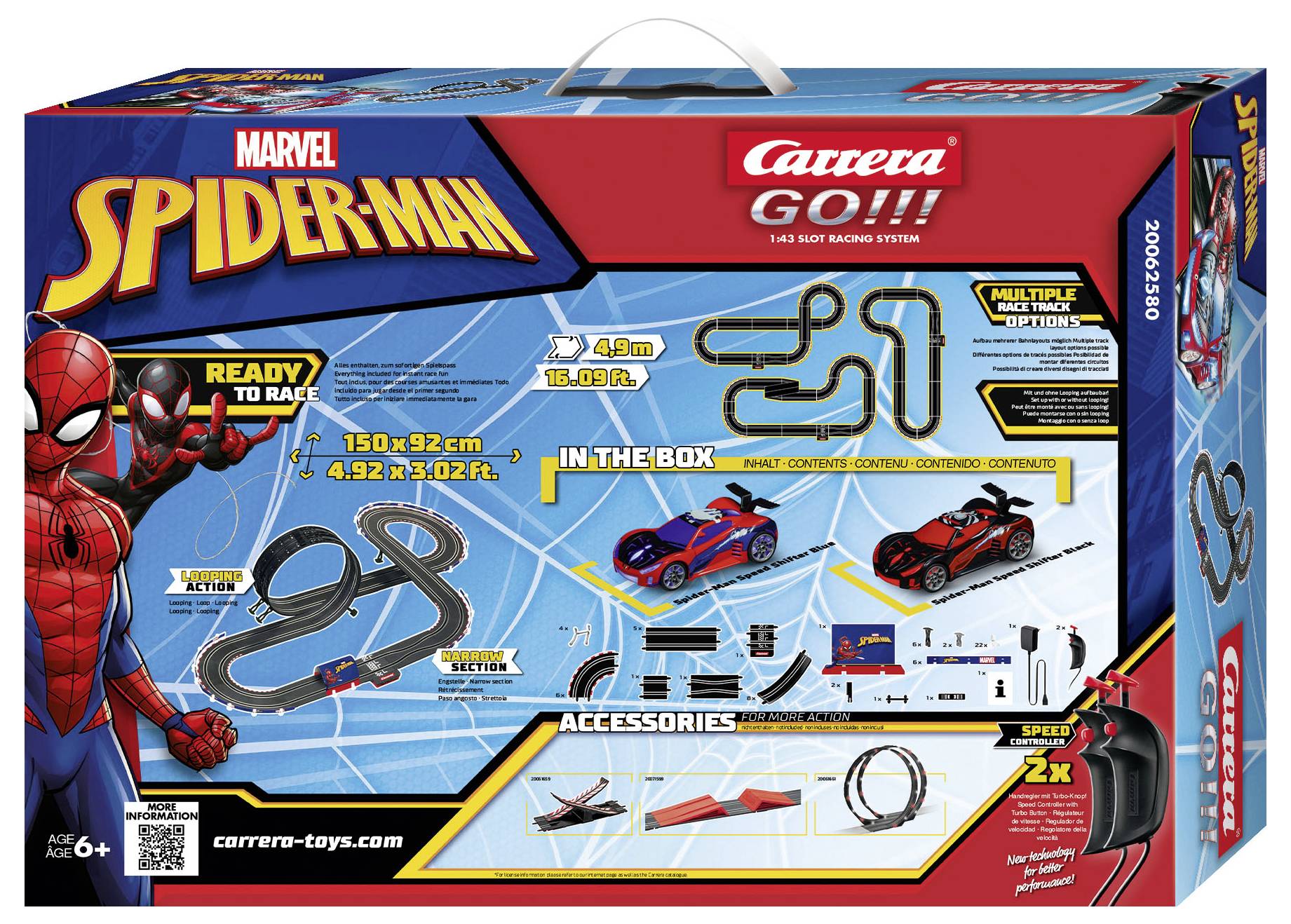 Spielzeug-Rennbahnset mit 'Spider-Man'-Motiv. Enthält zwei Autos, Streckenteile und Zubehör. Geeignet für Kinder ab 6 Jahren.