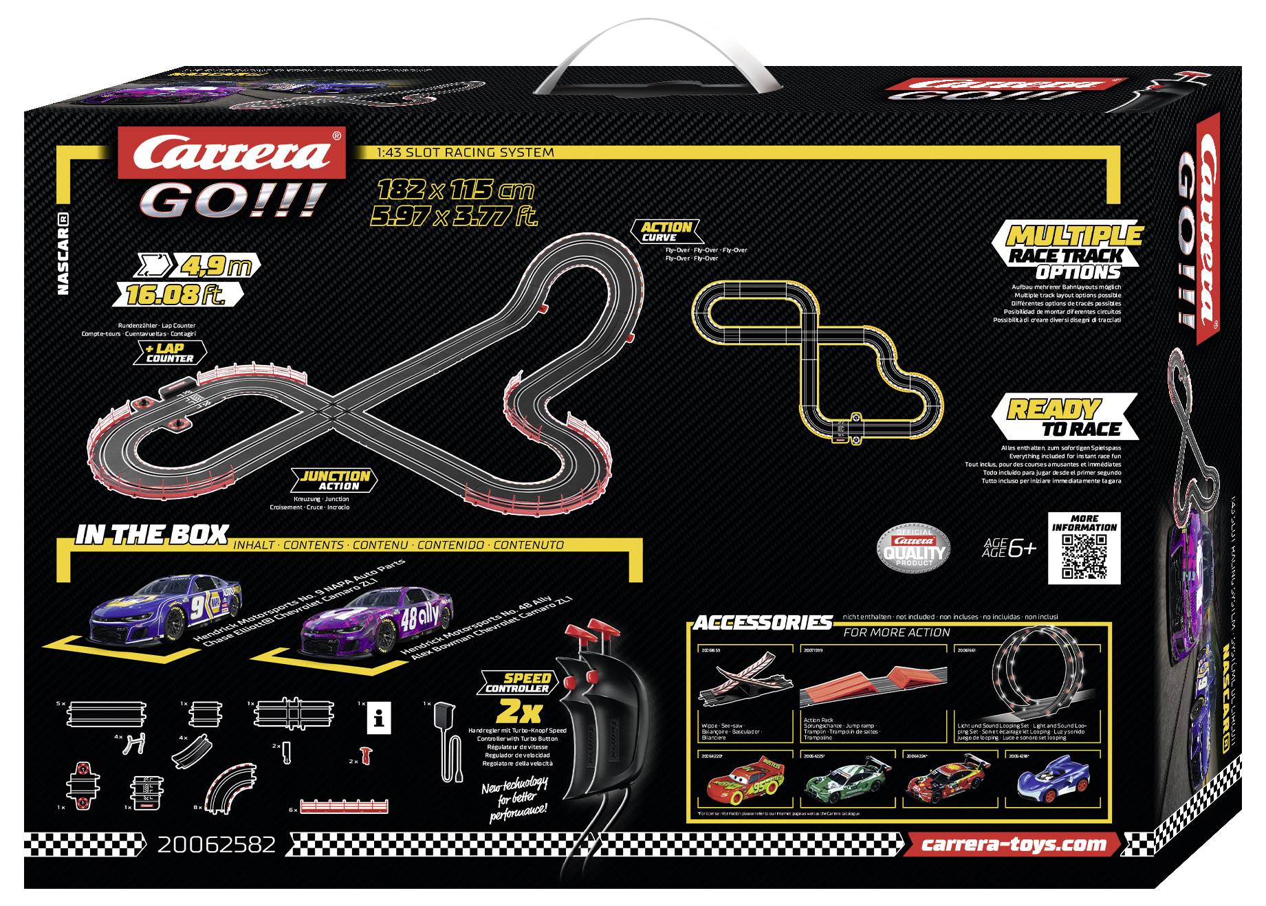 Carrera GO!!! Rennbahn-Set-Verpackung zeigt zwei Fahrzeugmodelle, Streckenvarianten und Zubehör. Maßstab 1:43, Streckenlänge 4,9m.