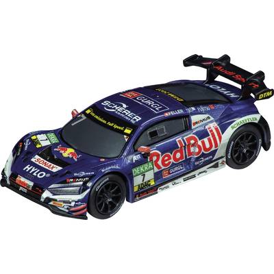 Ein Modellauto im Design eines Rennwagens mit Red Bull-Werbung und verschiedenen Sponsorenlogos. Es hat eine blau-rote Lackierung.