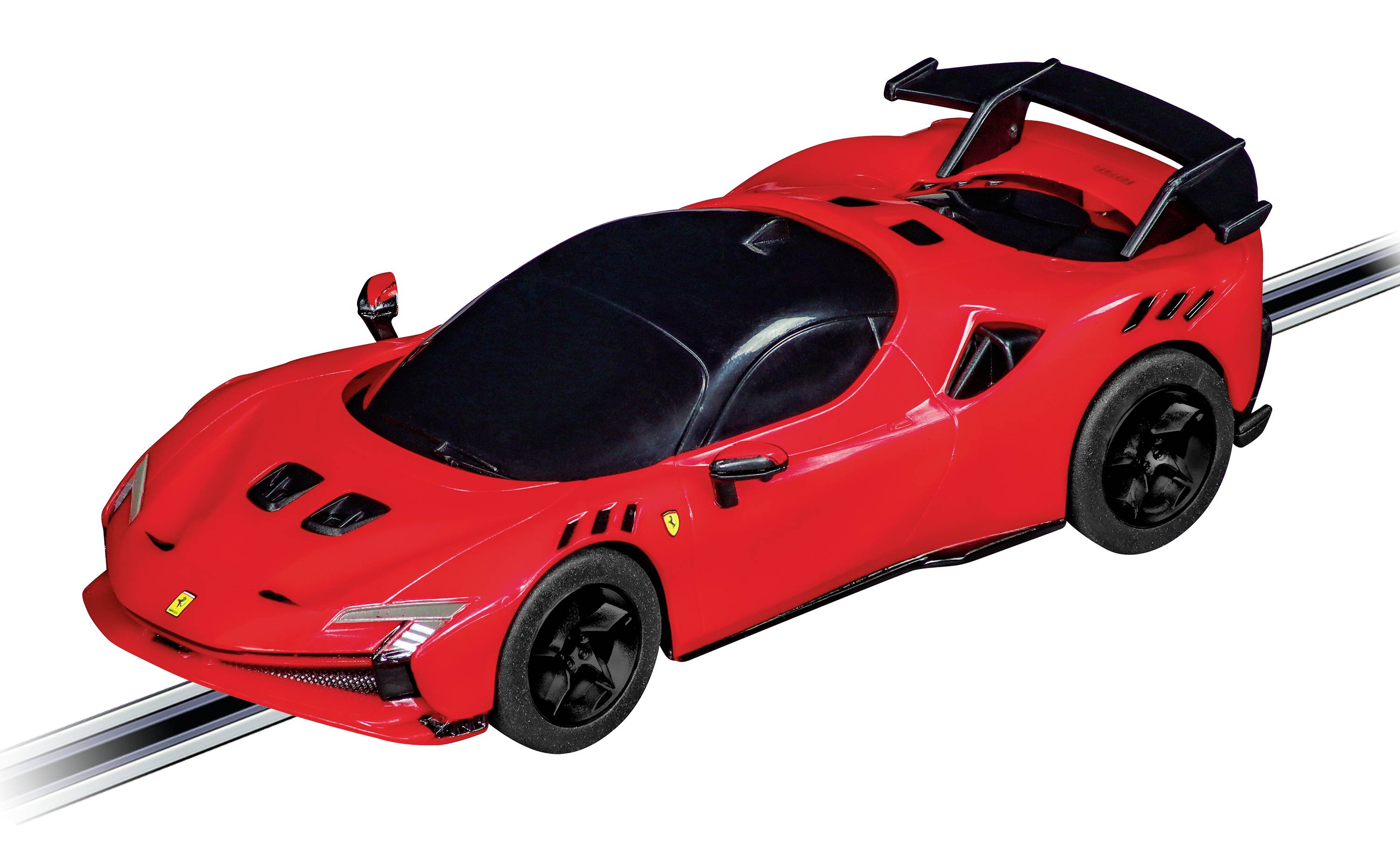 Rotes Sportauto mit schwarzem Dach und Heckspoiler auf einer Straße. Modernes Design mit betonten aerodynamischen Merkmalen.