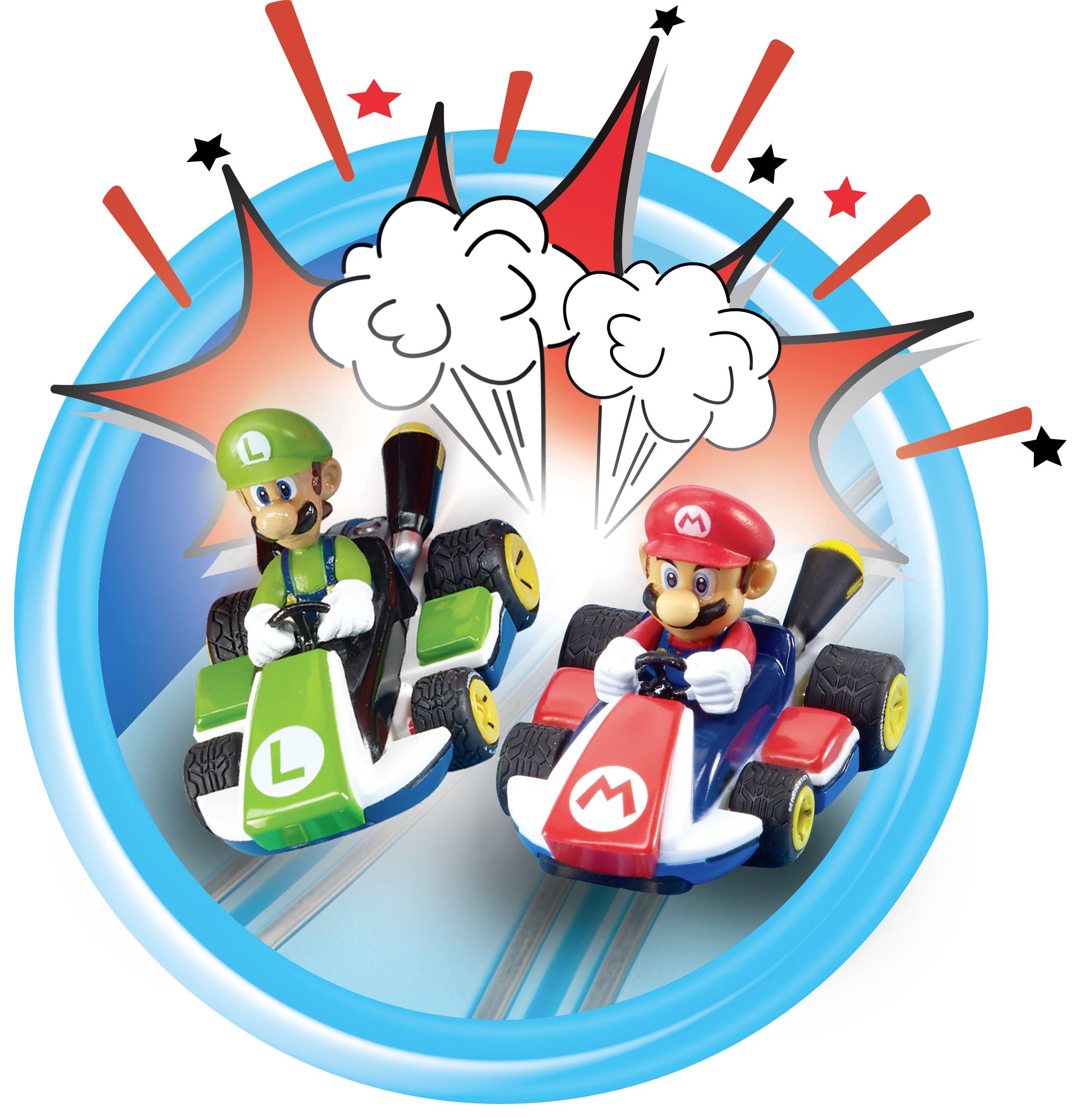 Zwei Spielfiguren in Go-Karts mit den Buchstaben 'L' und 'M' auf der Vorderseite rasen gegeneinander, umgeben von Explosionseffekten.
