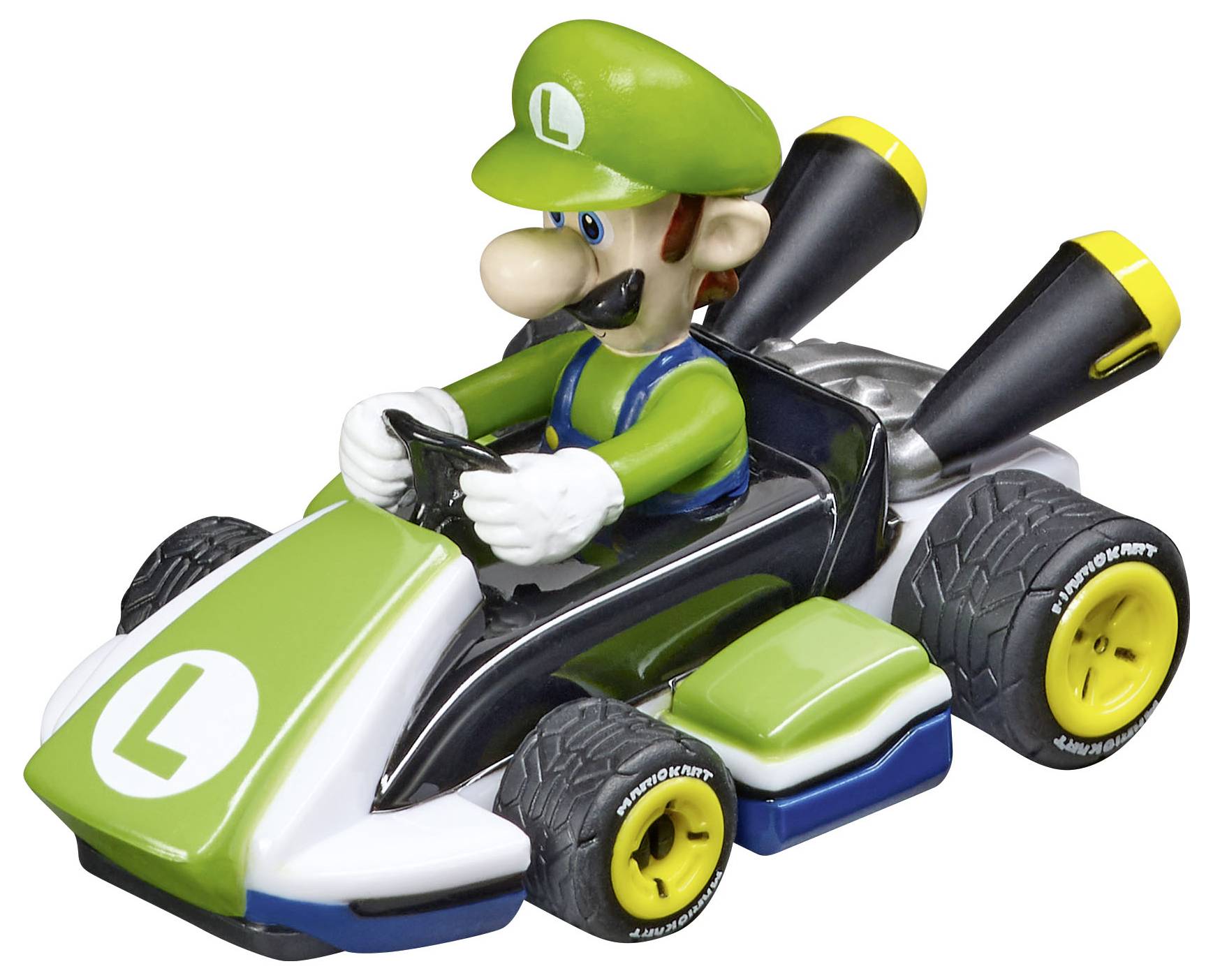 Kleines grünes Spielzeugauto mit einer Spielfigur, die einen grünen Hut trägt. Spielfigur sitzt am Steuer.