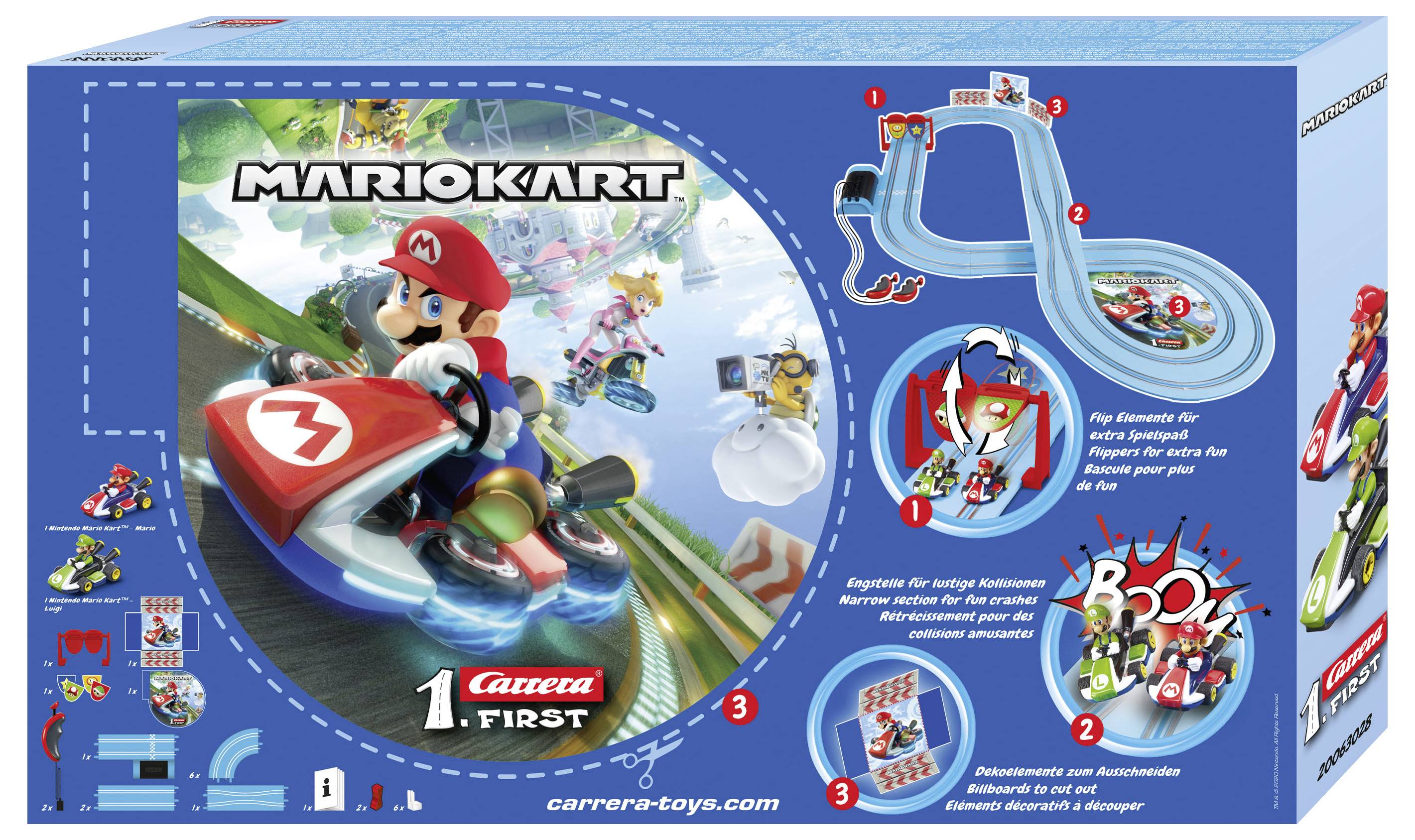 Mario Kart-Rennbahnspielzeugbox mit Mario-Thema, zeigt Mario auf einem Kart. Beinhaltet Aufbauanleitung und Details des Rennstreckenlayouts.