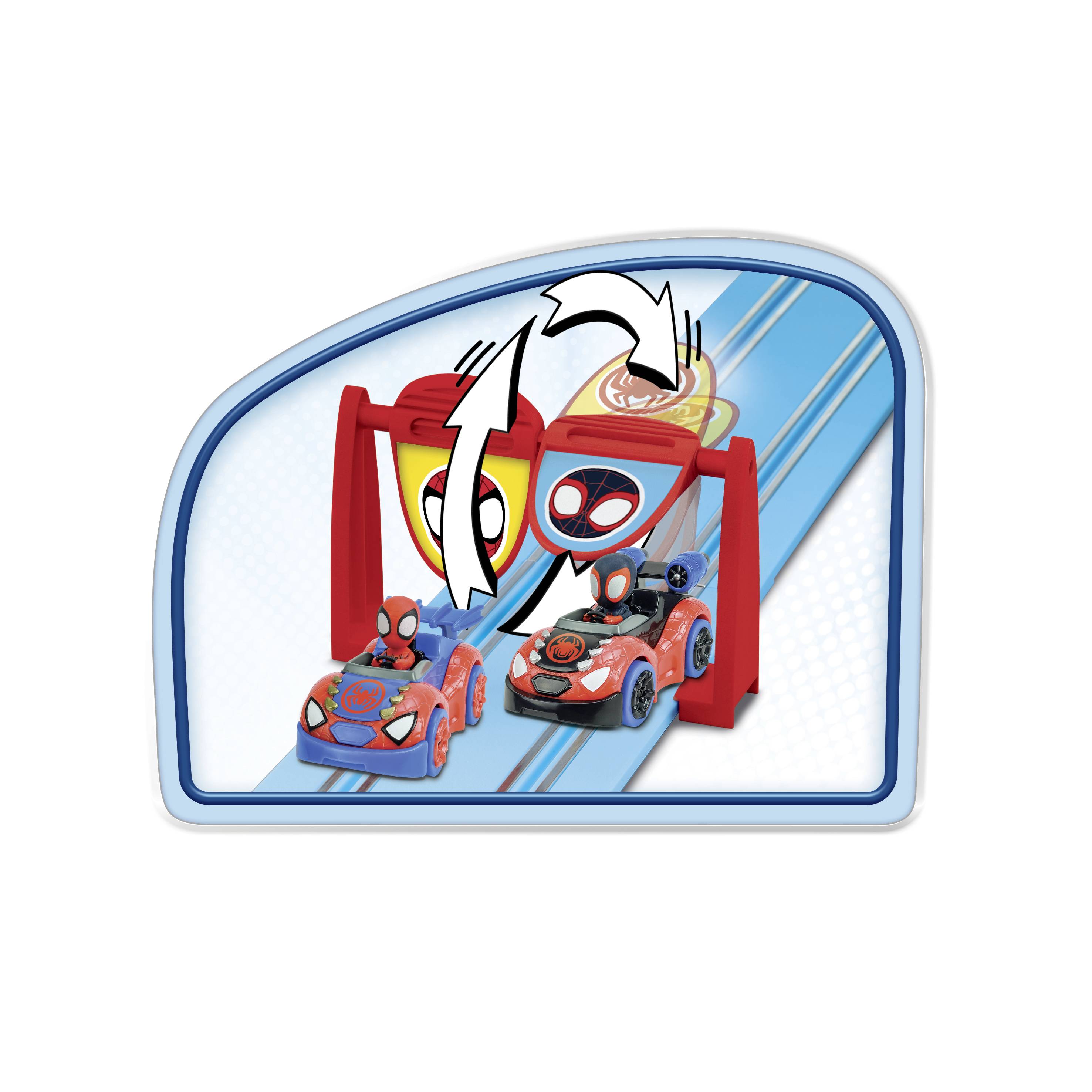 Zwei Spielzeugautos mit Superheldenmotiven fahren eine blaue Rennbahn hinunter. Ein rotes Tor mit Pfeilen zeigt die Rennrichtung an.