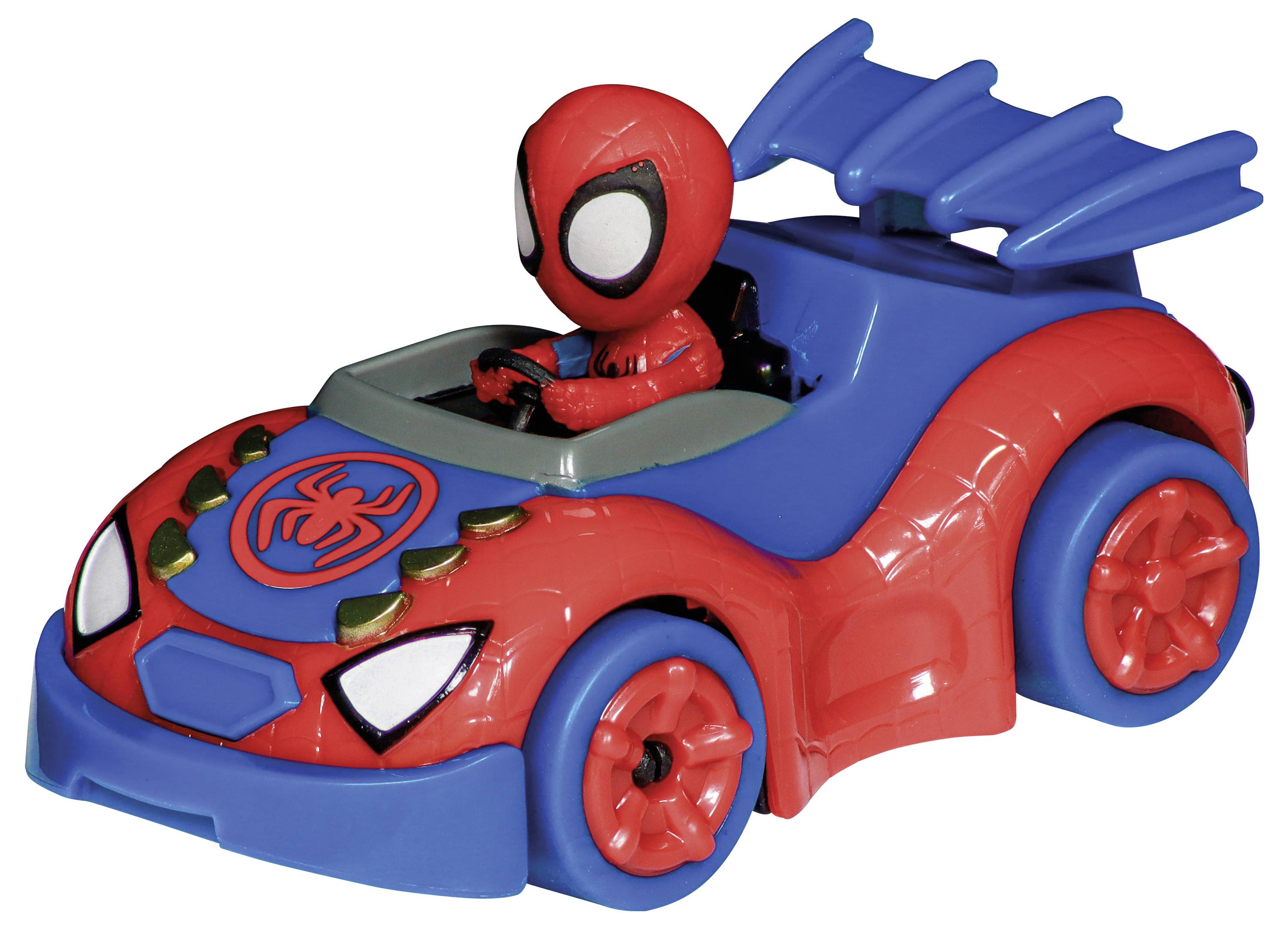 Ein kleines Spielzeugauto in Rot und Blau, mit einer Comicfigur am Steuer, hat einen Aufkleber mit einem Spinnensymbol auf der Motorhaube.