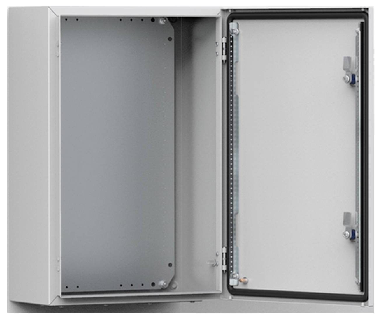 Metallschrank mit geöffneter Tür. Innen sind Befestigungspunkte sichtbar. Schlichtes, funktionales Design für Technik- oder Lagerzwecke.