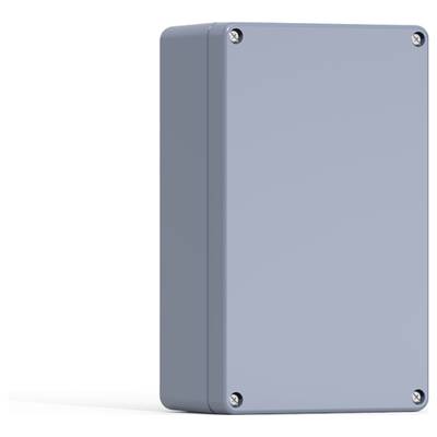 Graues rechteckiges Gehäuse mit vier sichtbaren Schrauben an den Ecken, geeignet für elektronische Geräte oder Installationen.