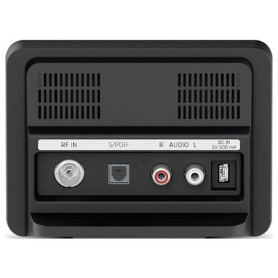 Rückseite eines Geräts mit Anschlüssen: RF IN, S/PDIF, R AUDIO, L AUDIO, DC IN (5V 500mA).