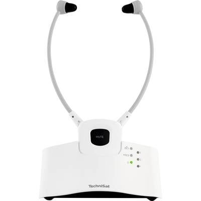 Tragbare Kopfhörer mit Funkempfänger und Steuerungstasten auf einem weißen Sockel, geeignet für Fernseher oder Audiosysteme.