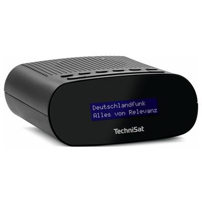 Schwarzes Digitalradio mit Display zeigt 'Deutschlandfunk – Alles von Relevanz'. Obere Tastenleiste, modernes Design.