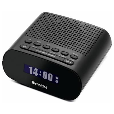 Ein schwarzes digitales Radio mit Display zeigt '14:00'. Tasten oben für Lautstärke, Menü, Snooze, Alarm und Sendersuchlauf.