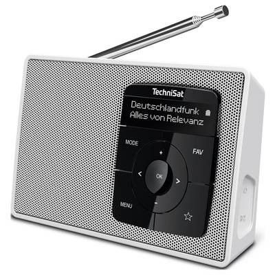 Ein weißes Digitalradio mit schwarzem Display zeigt den Sender 'Deutschlandfunk' und das Programm 'Alles von Relevanz'.