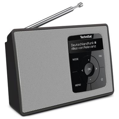 Ein tragbares Radio mit Antenne. Der Bildschirm zeigt den Sender 'Deutschlandfunk' und den Titel 'Alles von Relevanz'. Bedientasten sind sichtbar.