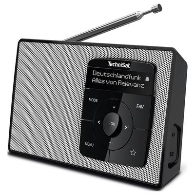Ein tragbares Radio mit Textanzeige 'Deutschlandfunk - Alles von Relevanz'; silber-schwarzes Design mit Antenne.