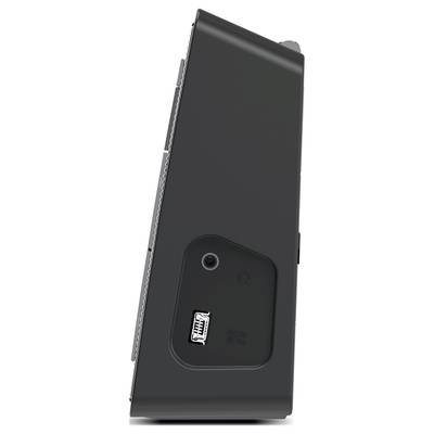Rückansicht eines schwarzen elektronischen Geräts mit USB-Anschluss und Netzschalter. Das Design hat schräge Kanten.