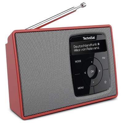 Ein rotes tragbares Radio mit Antenne. Der Bildschirm zeigt 'Deutschlandfunk' und 'Alles von Relevanz'. Bedienknöpfe auf der Vorderseite.