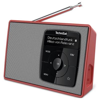 Rotes tragbares Radio, Display zeigt 'Deutschlandfunk: Alles von Relevanz', Lautsprecher an der linken Seite, schwarzes Bedienfeld.