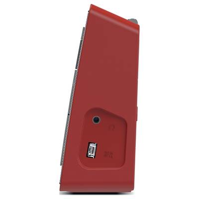 Ein rotes, flaches Gerät mit einem Knopf und einem USB-Anschluss auf der Rückseite, seitlich abgebildet.