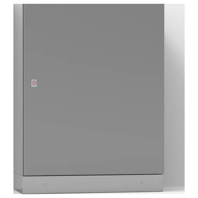 Graues, rechteckiges Metallschrankgehäuse mit geschlossenem Türpanel und kleinem roten Logo in der oberen linken Ecke.