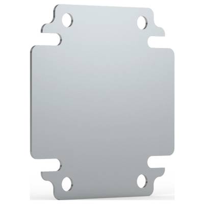 Metallplatte mit vier Befestigungslöchern an den Ecken, rechteckige Form mit abgerundeten Kanten.