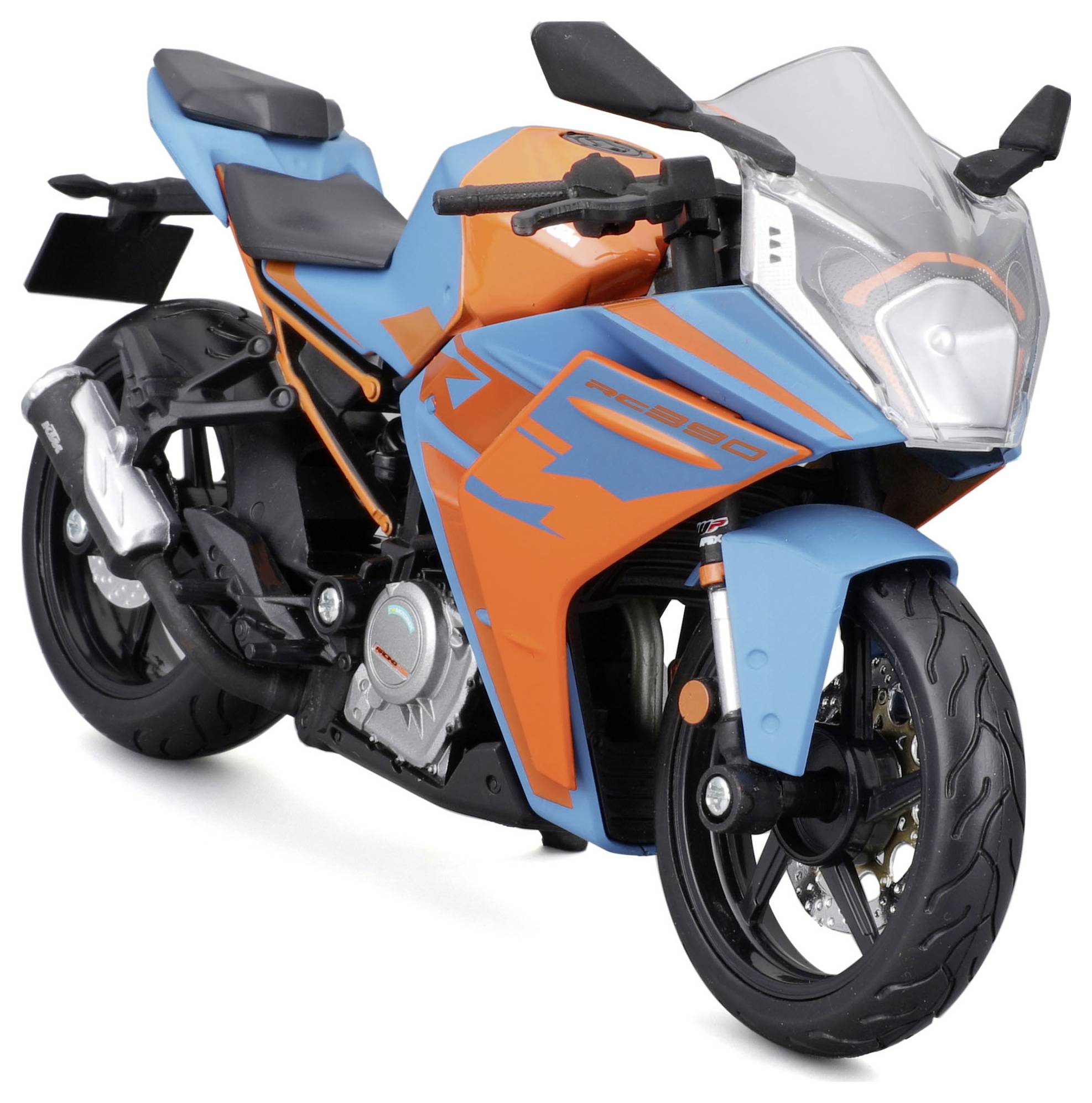 Ein orange-blaues Motorrad mit sportlichem Design, scharfen Linien und einem sichtbaren Motor. Es steht aufrecht auf einem Ständer.