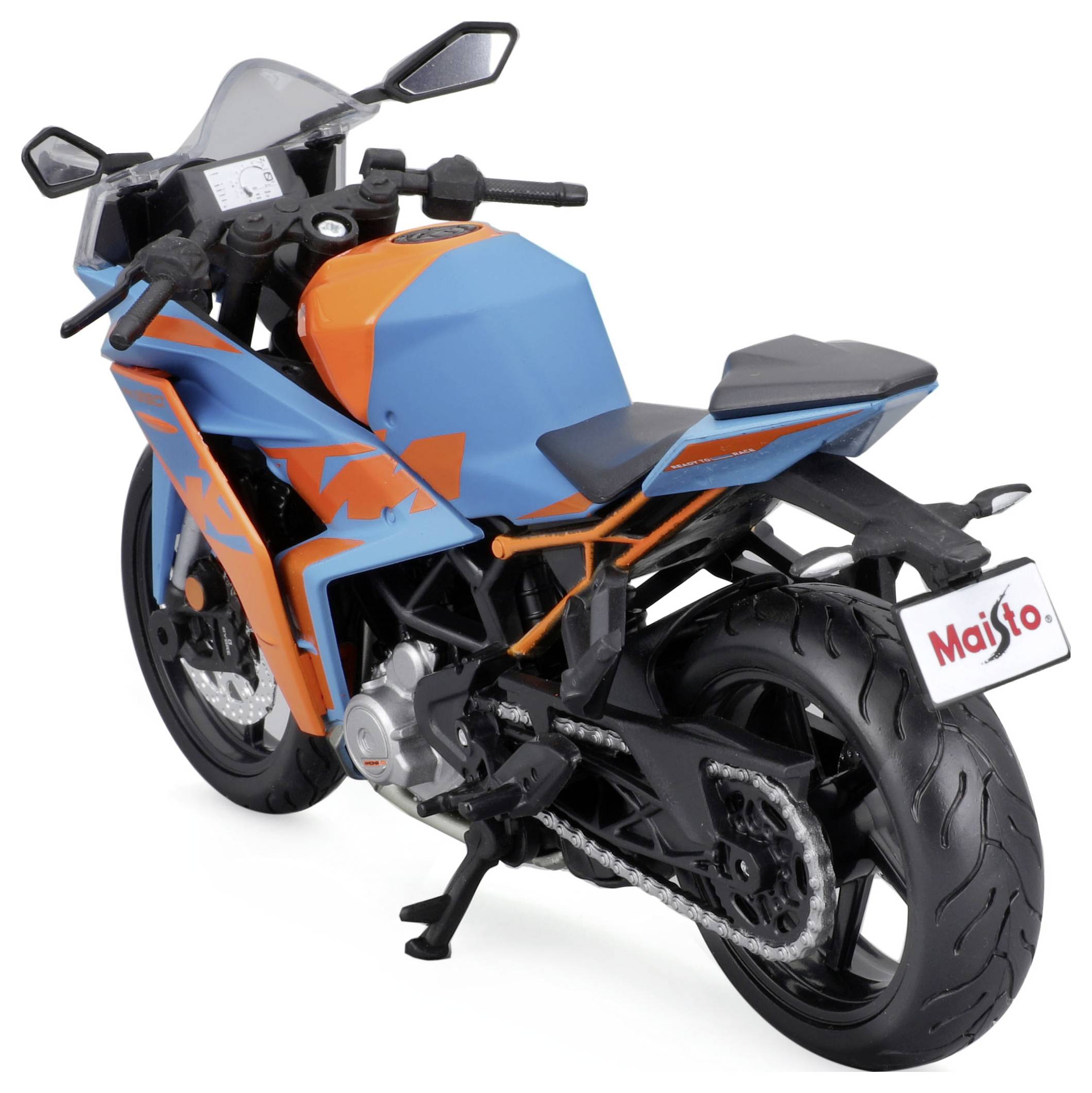 Ein blau-orangener Modell-Motorrad mit sportlichem Design steht auf einem weißen Hintergrund, Marke 'Maisto' auf dem Nummernschild.