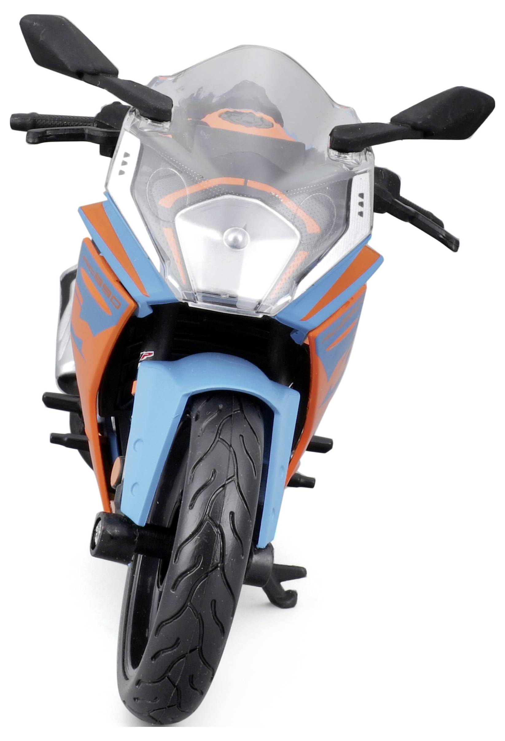 Ein blaues und oranges Spielzeugmotorrad mit detaillierten Aufklebern und einer transparenten Windschutzscheibe.