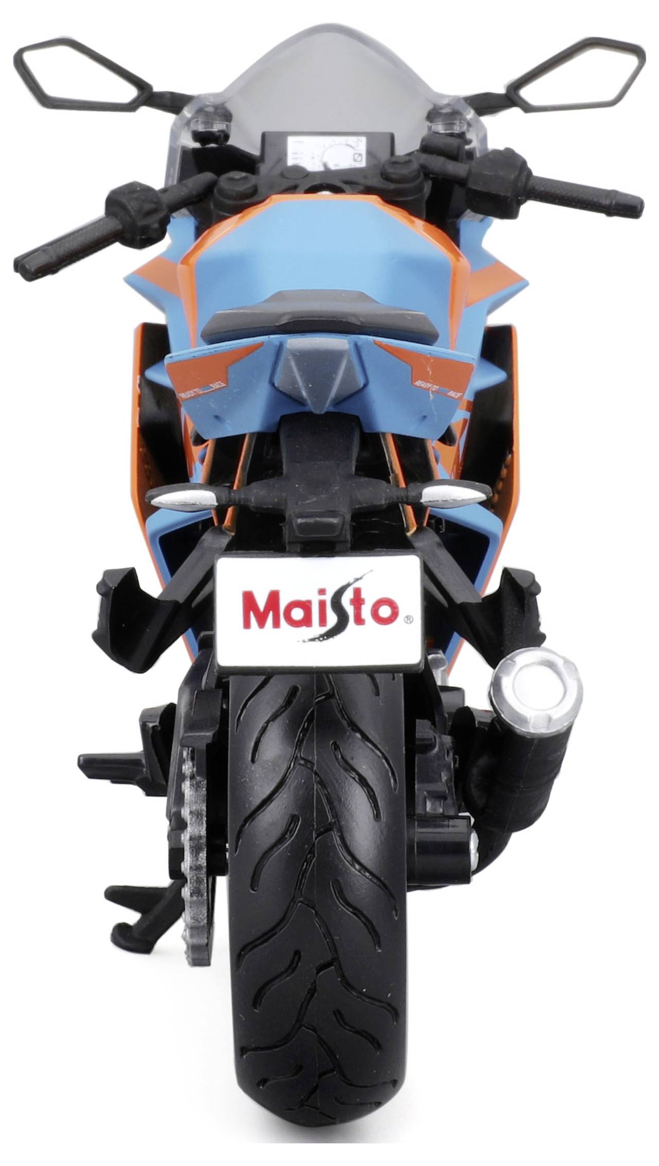 Ein Motorrad mit blau-oranger Verkleidung und schwarzem Reifen, frontal abgebildet. Auf dem Nummernschild steht 'Maisto'.