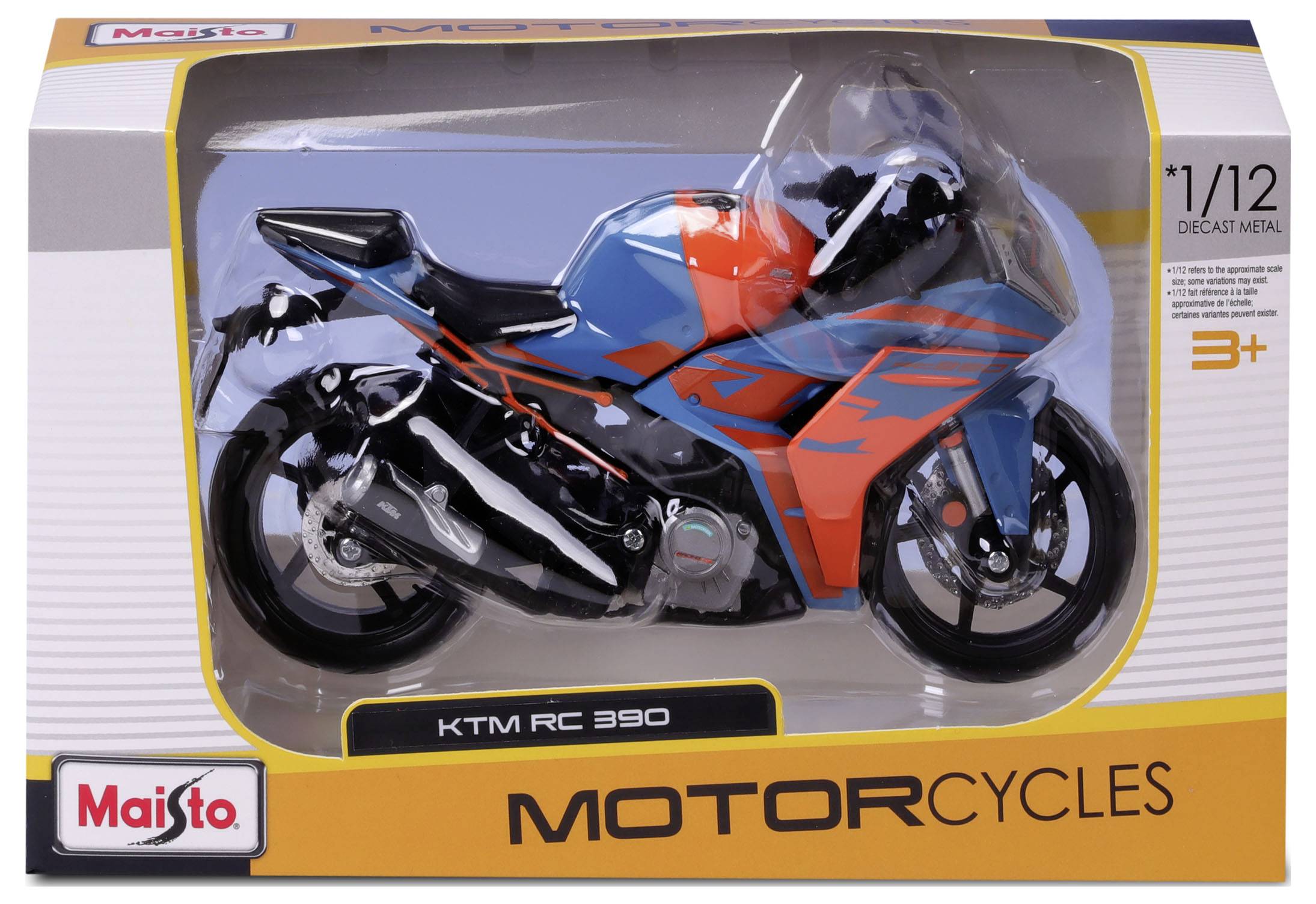 Spielzeug-Motorradmodell KTM RC 390 in orange und blau, verpackt in einer Schachtel von Maisto. Geeignet für Kinder ab 3 Jahren.
