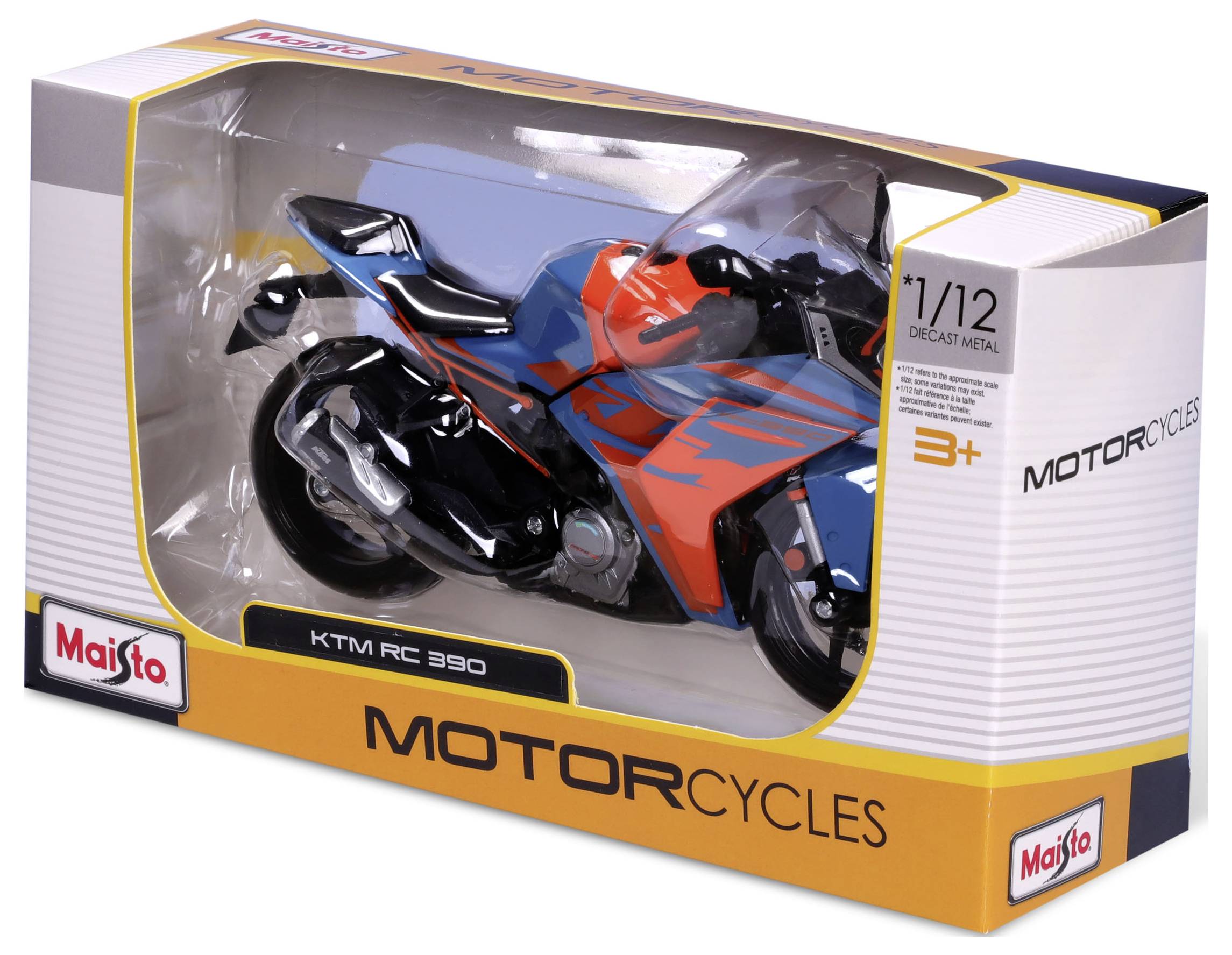 Modell eines KTM RC 390 Motorrad, Maßstab 1:12, in einer Verpackung. Die Schachtel ist mit 'Maisto' und 'Motorcycles' beschriftet.