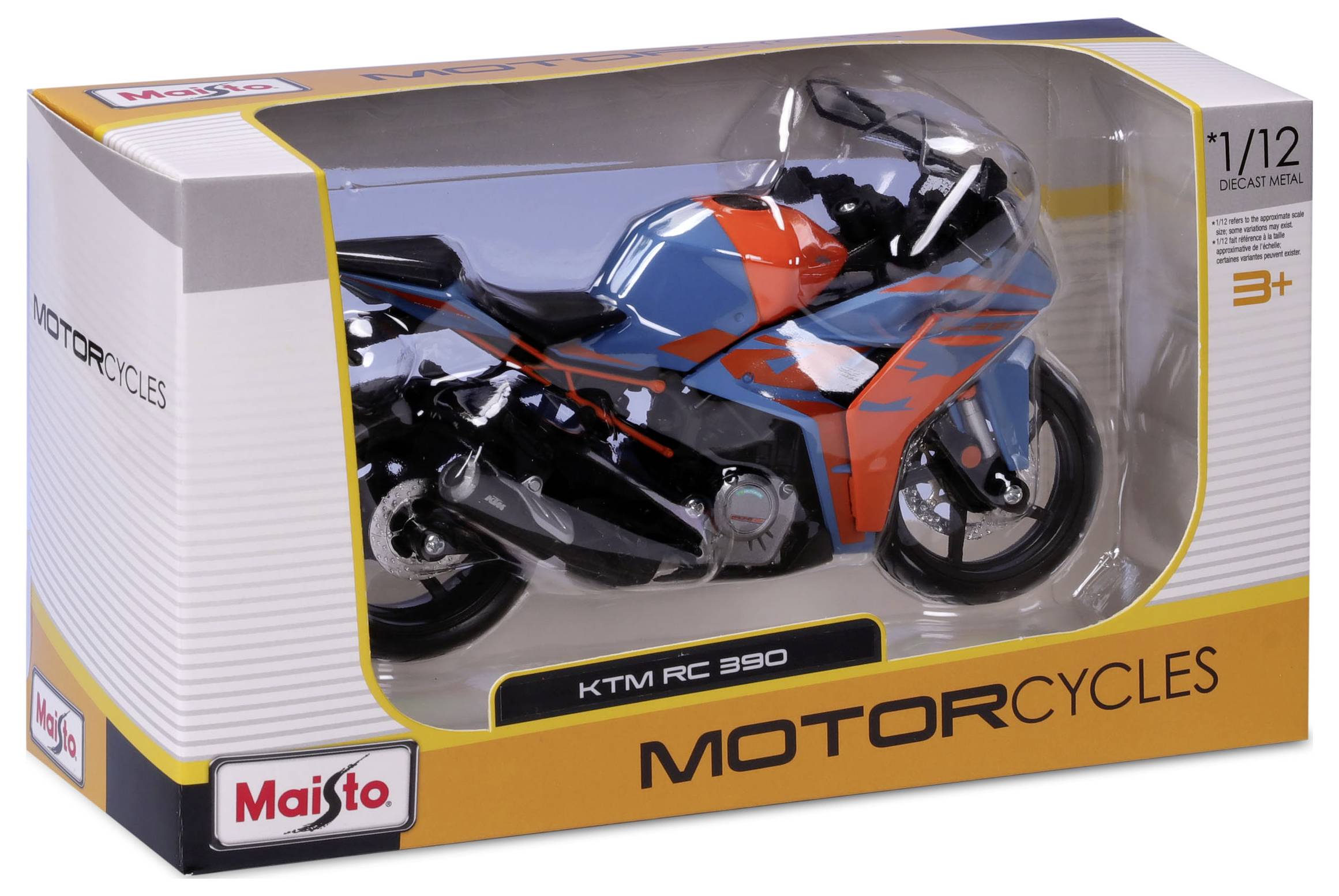 Modell eines KTM RC 390 Motorrads, maßstabgetreu 1:12, in einer Verpackung; dominierende Farben sind Blau und Orange.