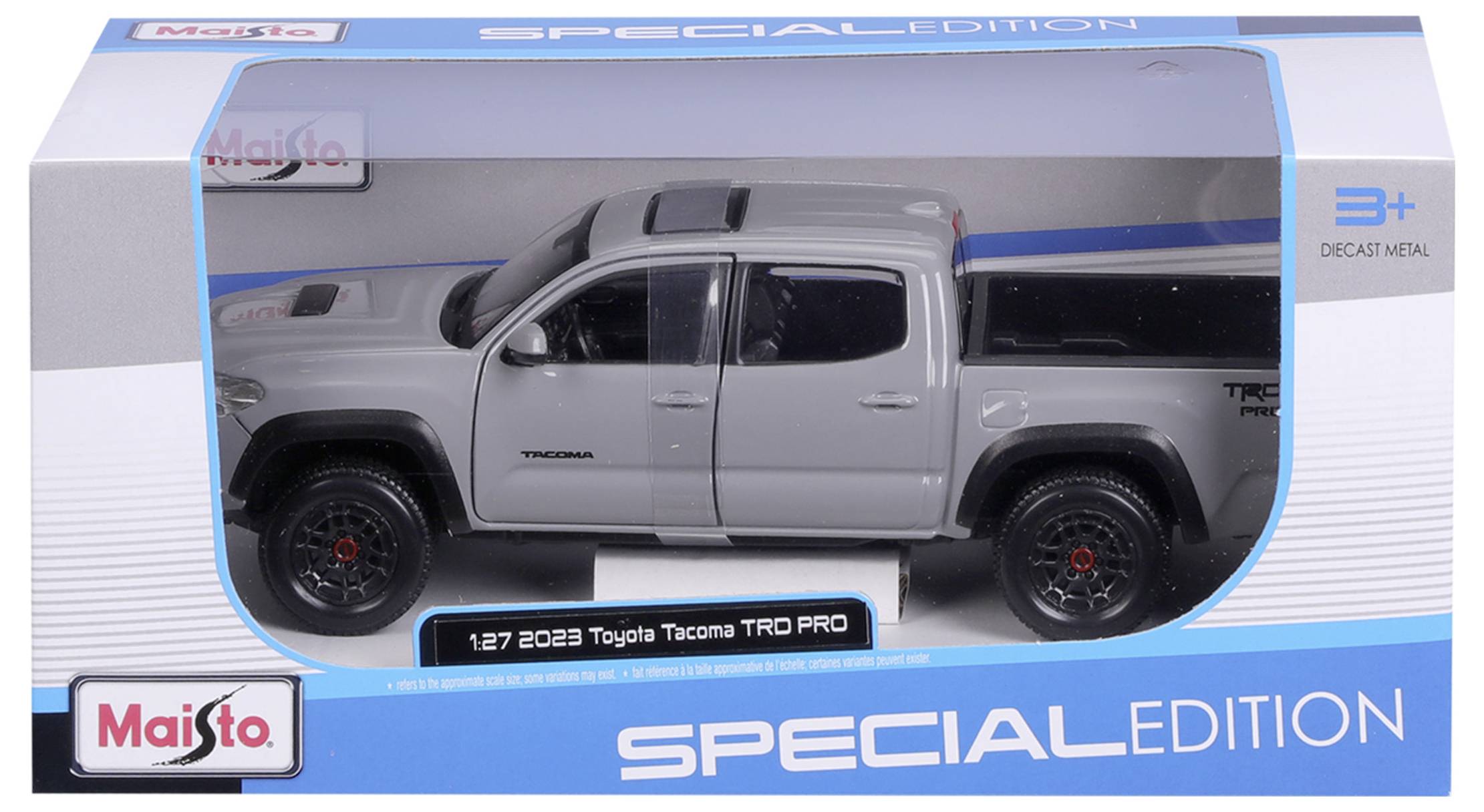 Graues Modellauto 'Toyota Tacoma TRD Pro', Maßstab 1:27, in einer Schachtel mit der Aufschrift 'Special Edition', geeignet ab 3 Jahren.