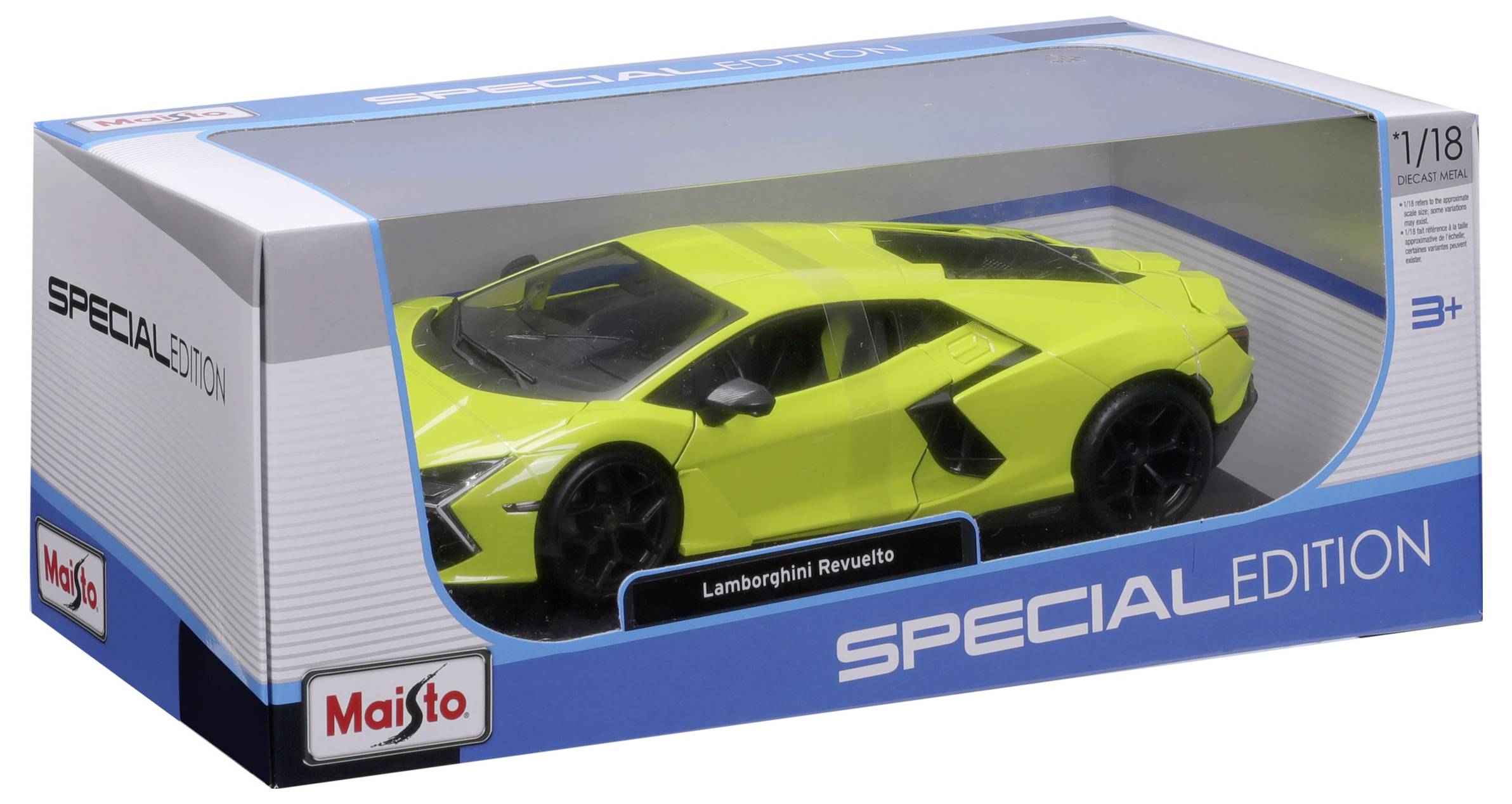 Eine Miniaturausgabe eines gelben Lamborghini Revuelto im Maßstab 1:18 von Maisto, verpackt in einer Schachtel der Serie 'Special Edition'.