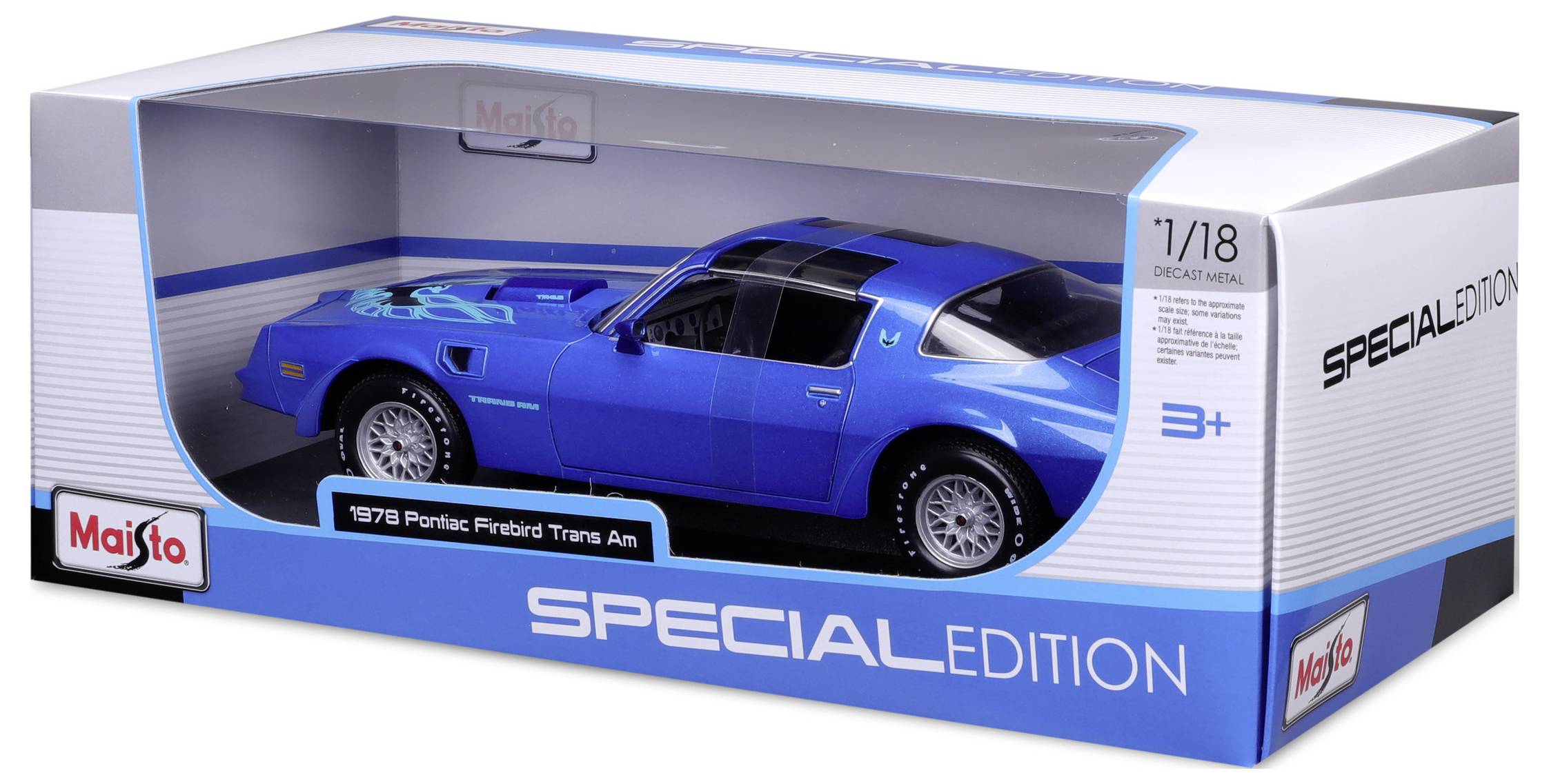 Blaues Modellauto eines Pontiac Firebird Trans Am von 1979 in einer Verpackung mit der Aufschrift 'Special Edition'.