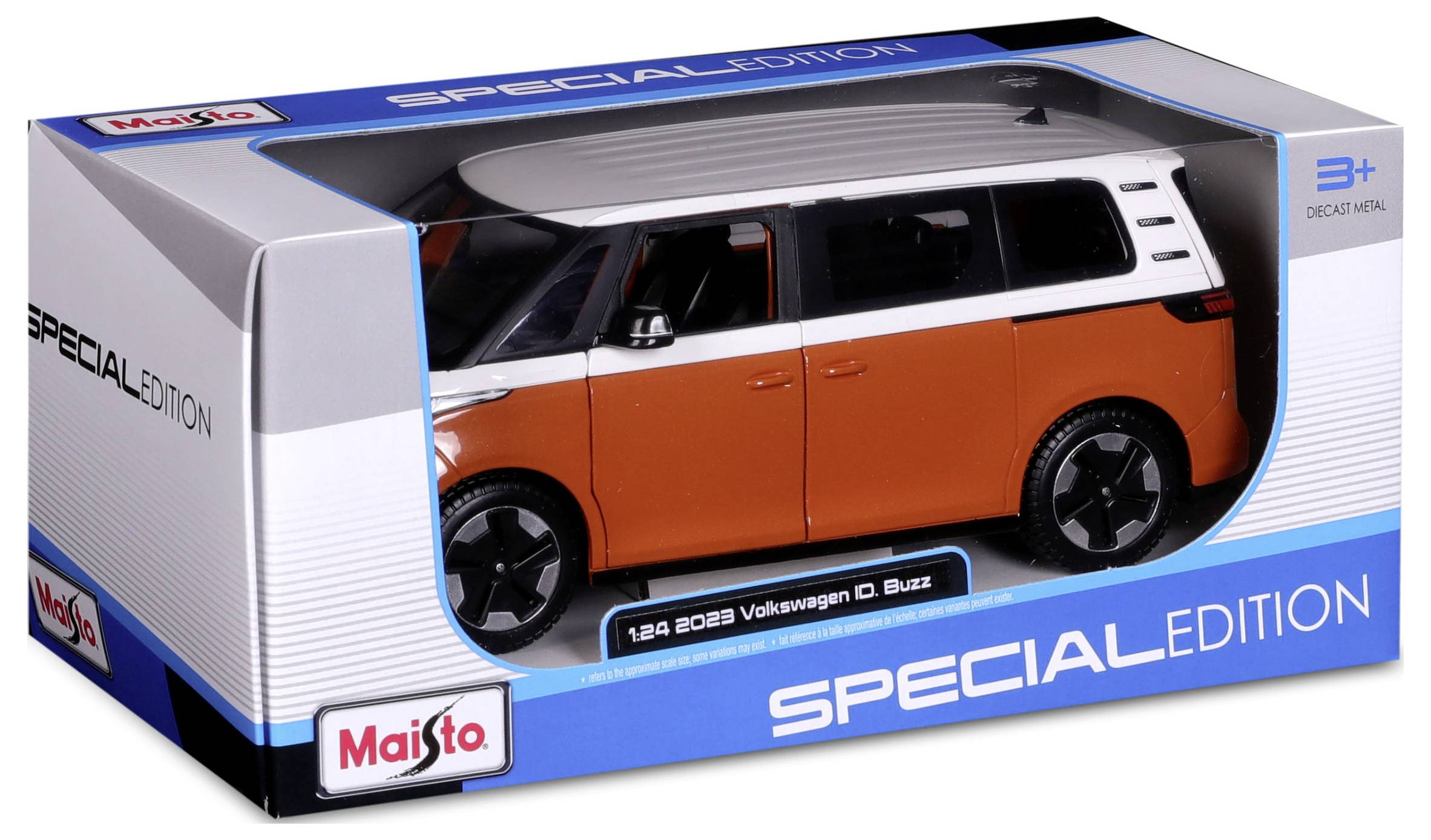 Spielzeugmodell eines VW-Busses in Weiß und Orange in einer Verpackung mit der Aufschrift 'Special Edition'.