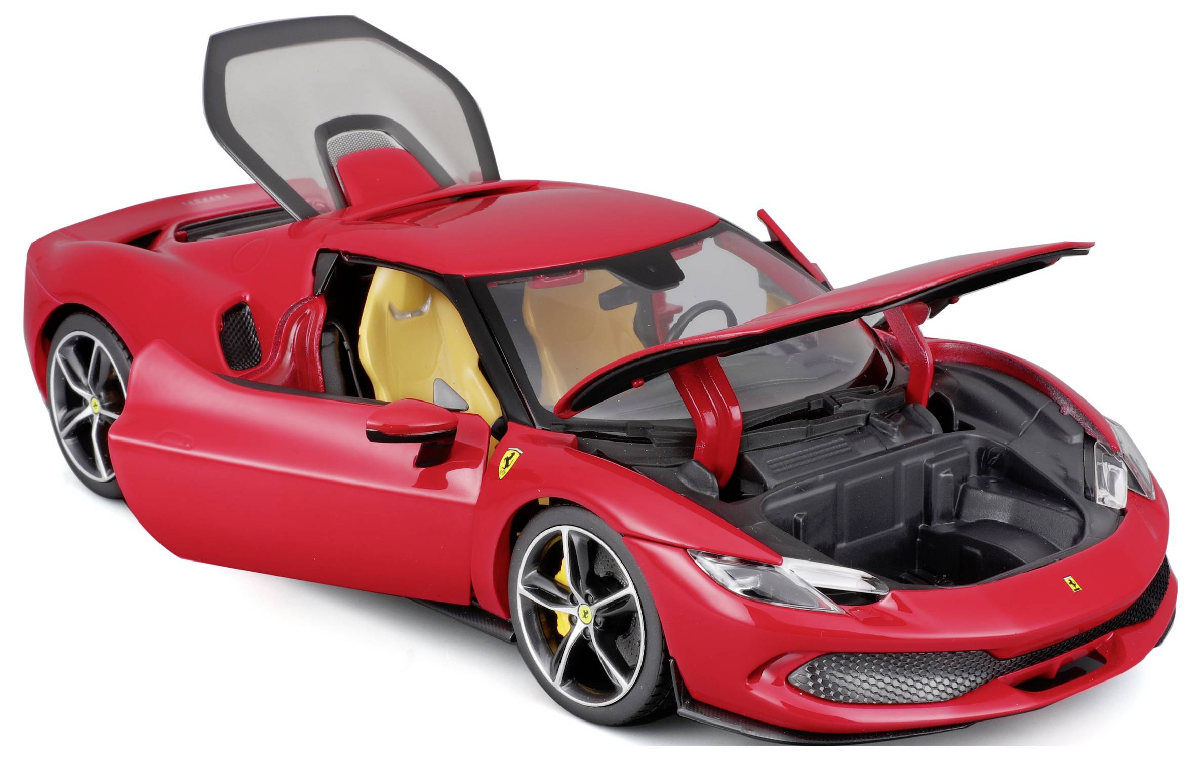 Rotes Sportwagenmodell mit geöffneten Türen und Hauben, zeigt Innenraum- und Motorraumdetails. Markenlogo auf der Vorderseite.