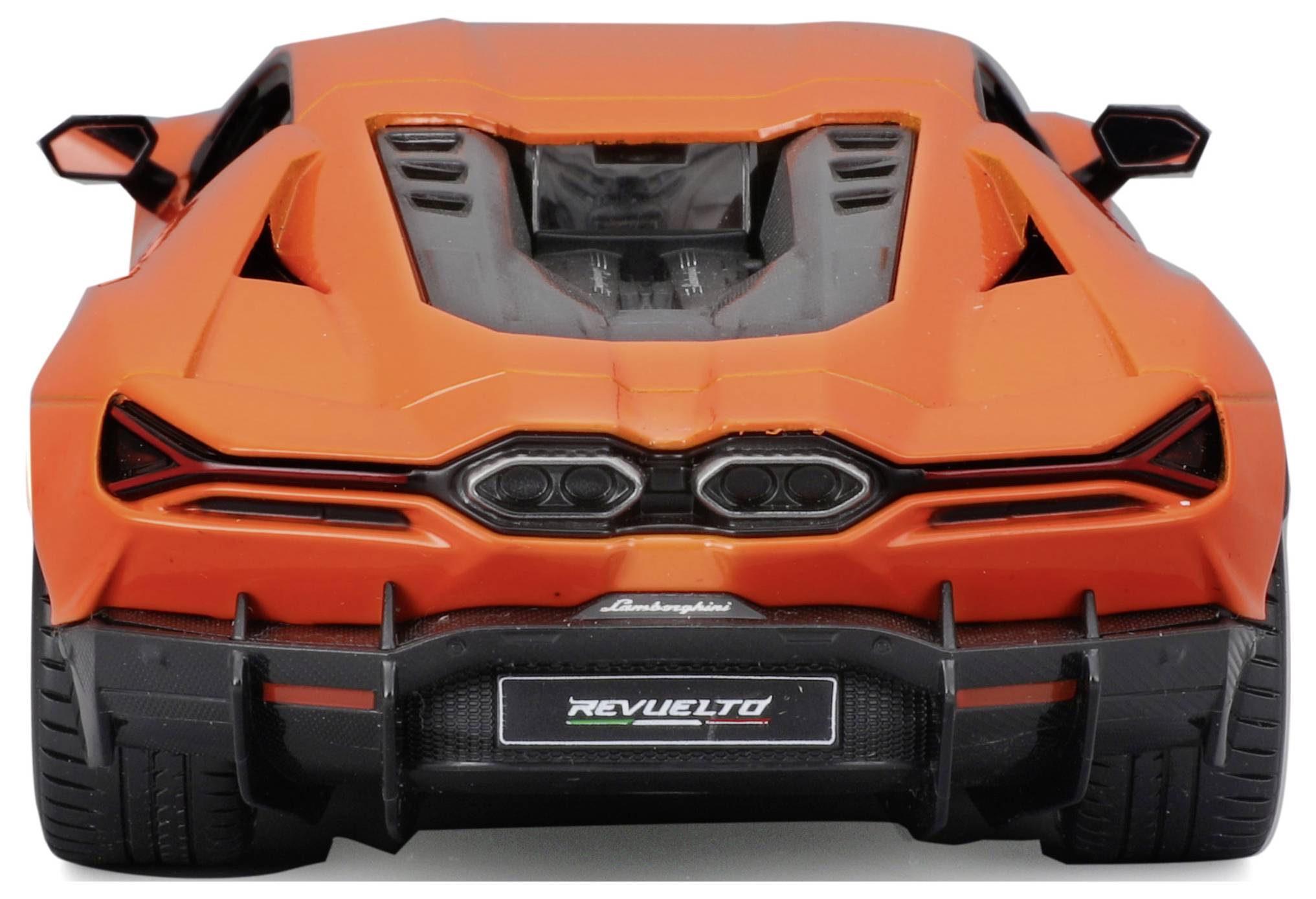 Ein leuchtend orangefarbener Sportwagen aus der Rückenansicht, zeigt Details wie aerodynamische Formen und markante Rücklichter.