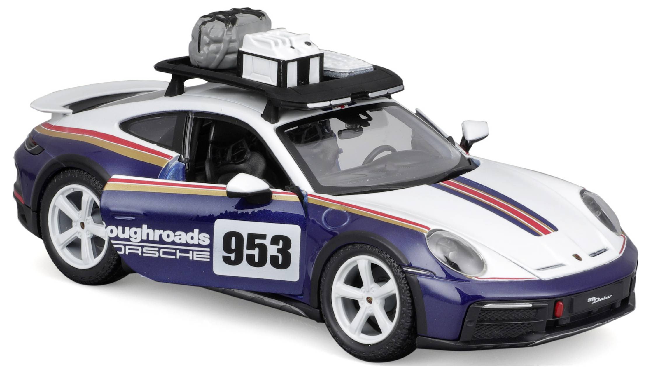 Spielzeugauto im Rallye-Stil mit Aufklebern 'Toughroads' und der Nummer '953,' Dachgepäckträger mit Gepäck. Sportliches Design.