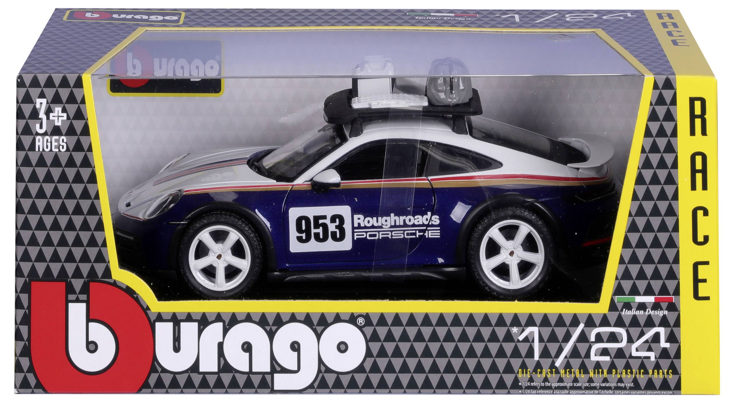 Spielzeugauto 'Porsche 953' für Kinder ab 3 Jahren, Maßstab 1:24. Verpackung mit Bburago-Logo und Rennmotiven.